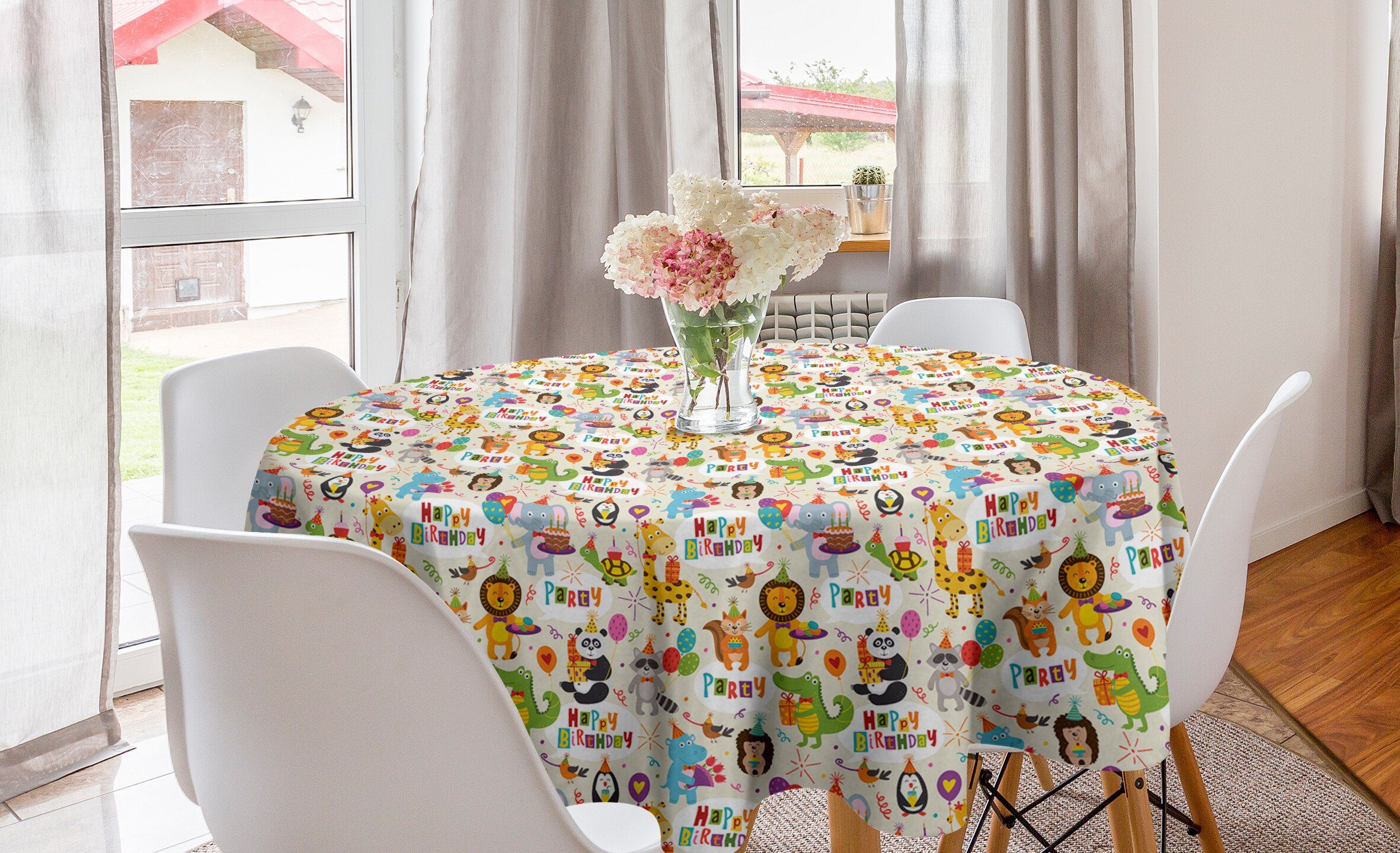 Abakuhaus Tischdecke Kreis Tischdecke Abdeckung für Esszimmer Küche Dekoration, Geburtstagsfeier Glückliche Tiere Fun