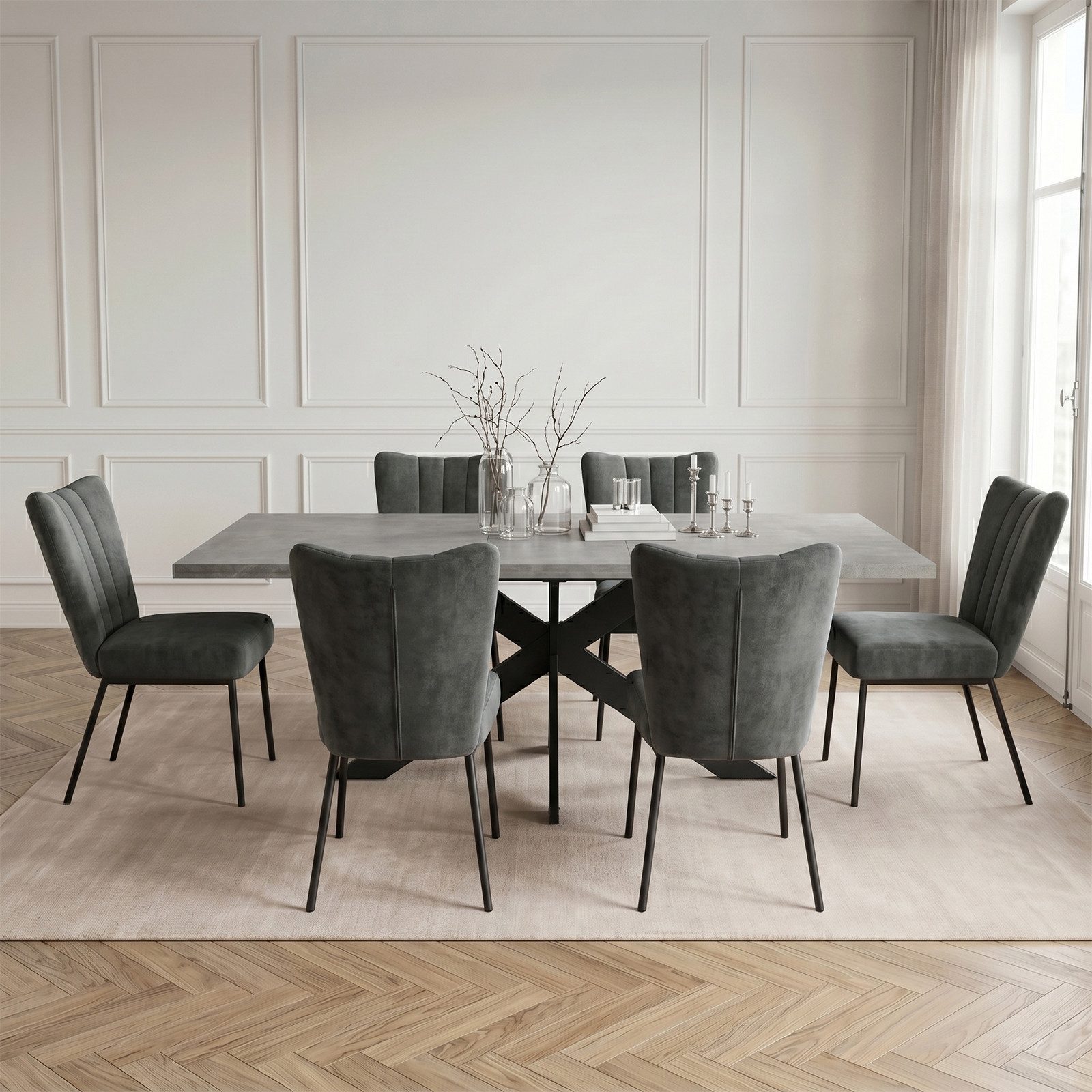 Jiexi Essgruppe Esstisch Ausziehbar 160-200cm mit Samtstühlen Metallbeine – Bild 2 von 5