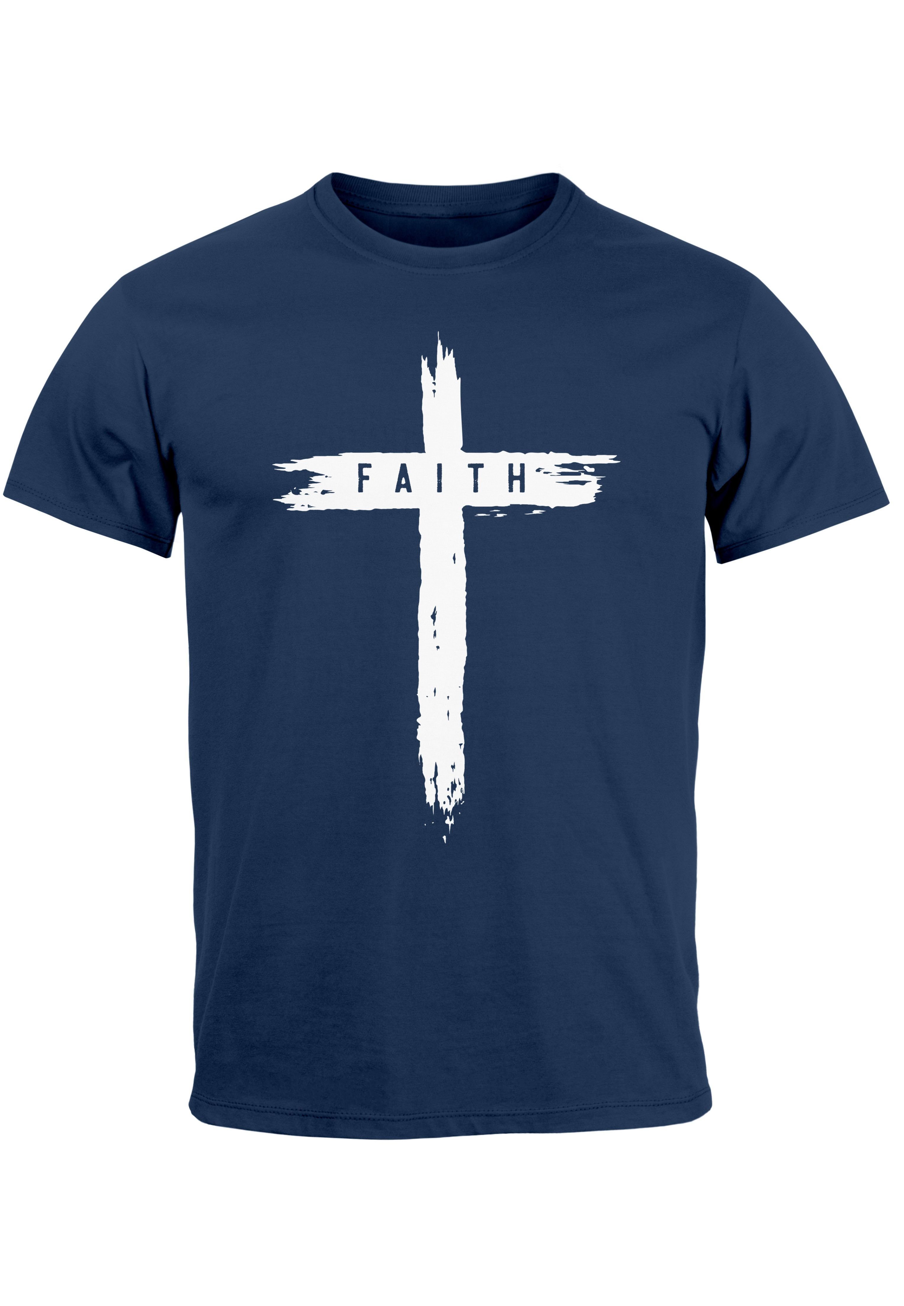Neverless Print-Shirt Herren T-Shirt Printshirt Aufdruck Kreuz Cross Faith Glaube Trend-Moti mit Print navy