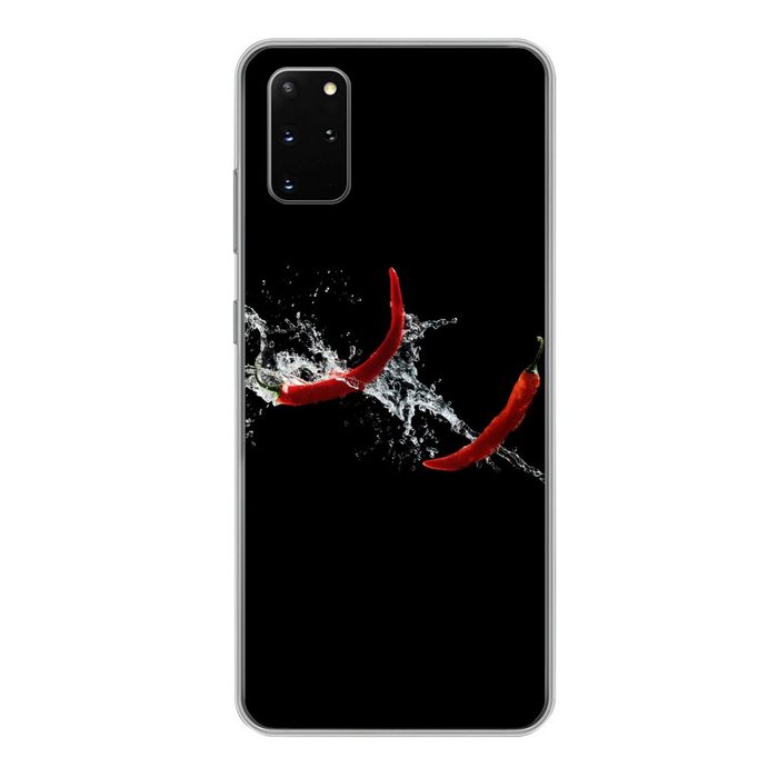 MuchoWow Handyhülle Chilischote - Stilleben - Wasser - Schwarz - Rot Phone Case Handyhülle Samsung Galaxy S20 Plus Silikon Schutzhülle