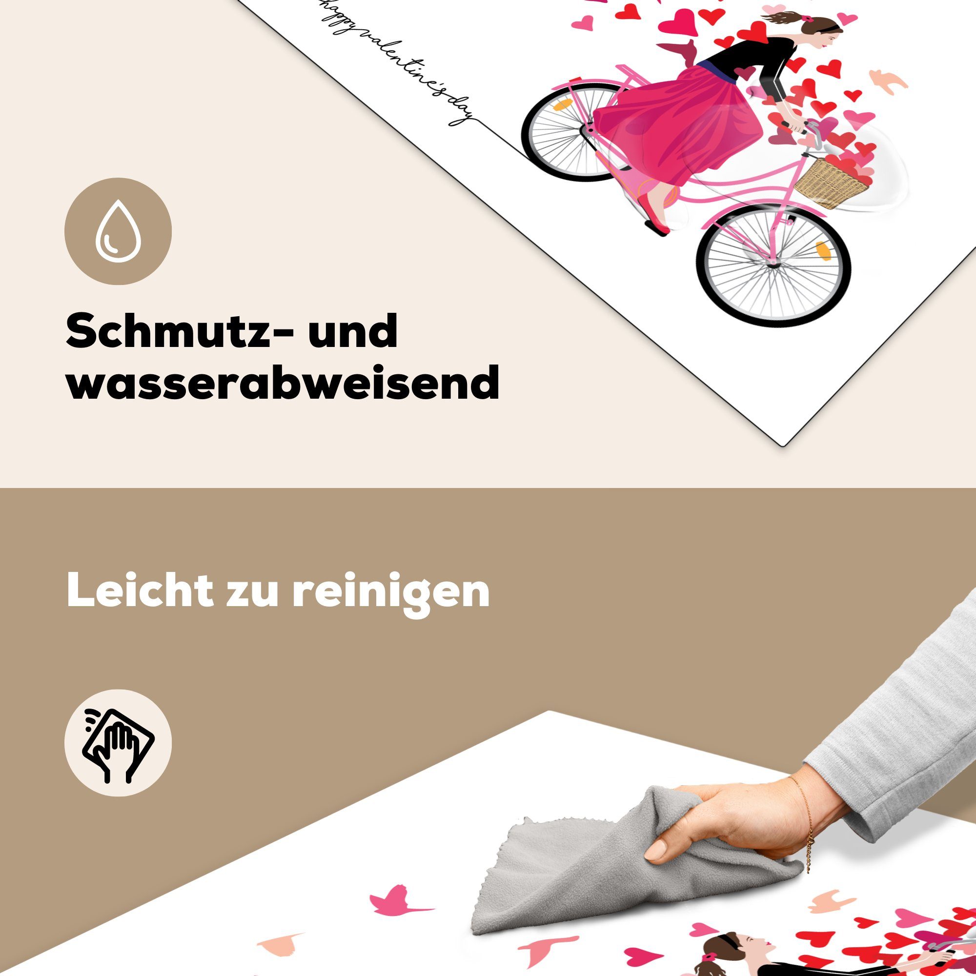 MuchoWow einem 78x78 Eine Ceranfeldabdeckung, für Fahrrad mit voller, Vinyl, einem Illustration küche tlg), Korb Herdblende-/Abdeckplatte Arbeitsplatte (1 cm, einer auf Frau