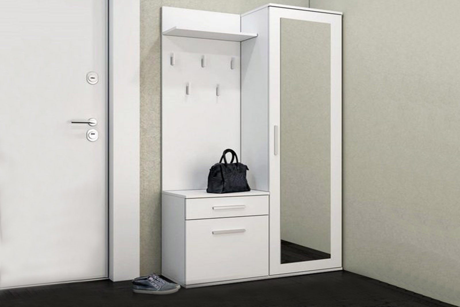 Beautysofa Kompaktgarderobe Fiora (Garderobenschrank + Paneel + Schuhschrank, 3-St., Garderoben-Set, 5 Kleiderhaken) inkl. Spiegel, Breite:100