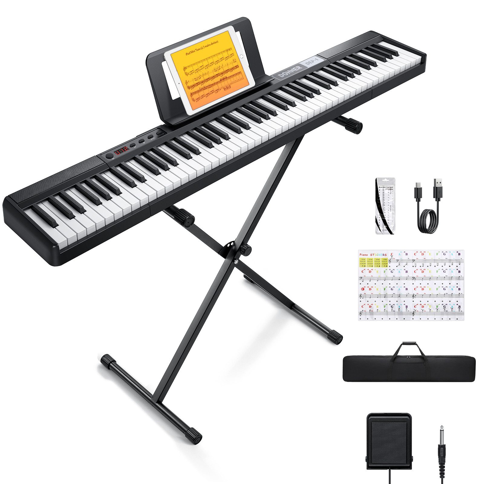 Donner Home-Keyboard Klavier 88 Tasten Elektro piano Einsteiger Tragbares E-Piano DEP-1 (Set, mit Ständer, Sustain-Pedal, Transporttasche und Keyboard-Aufklebern), Einsteiger Digital Keyboard Klavier mit velocity-sensitive Tasten