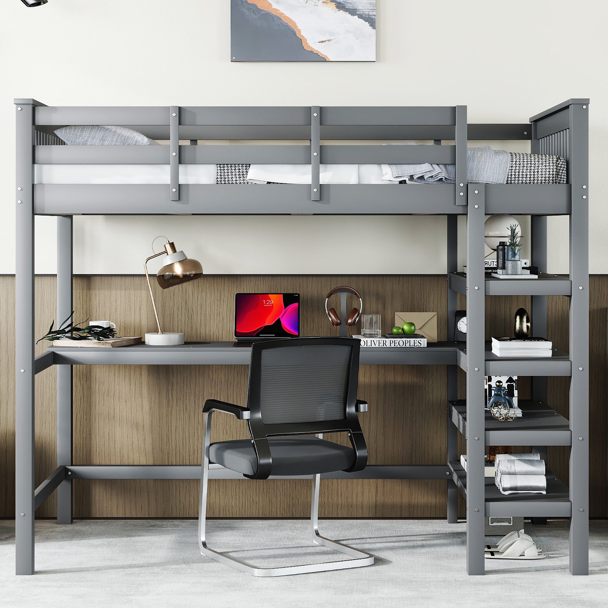 Merax Hochbett mit Schreibtisch und Bücherregal günstig online kaufen