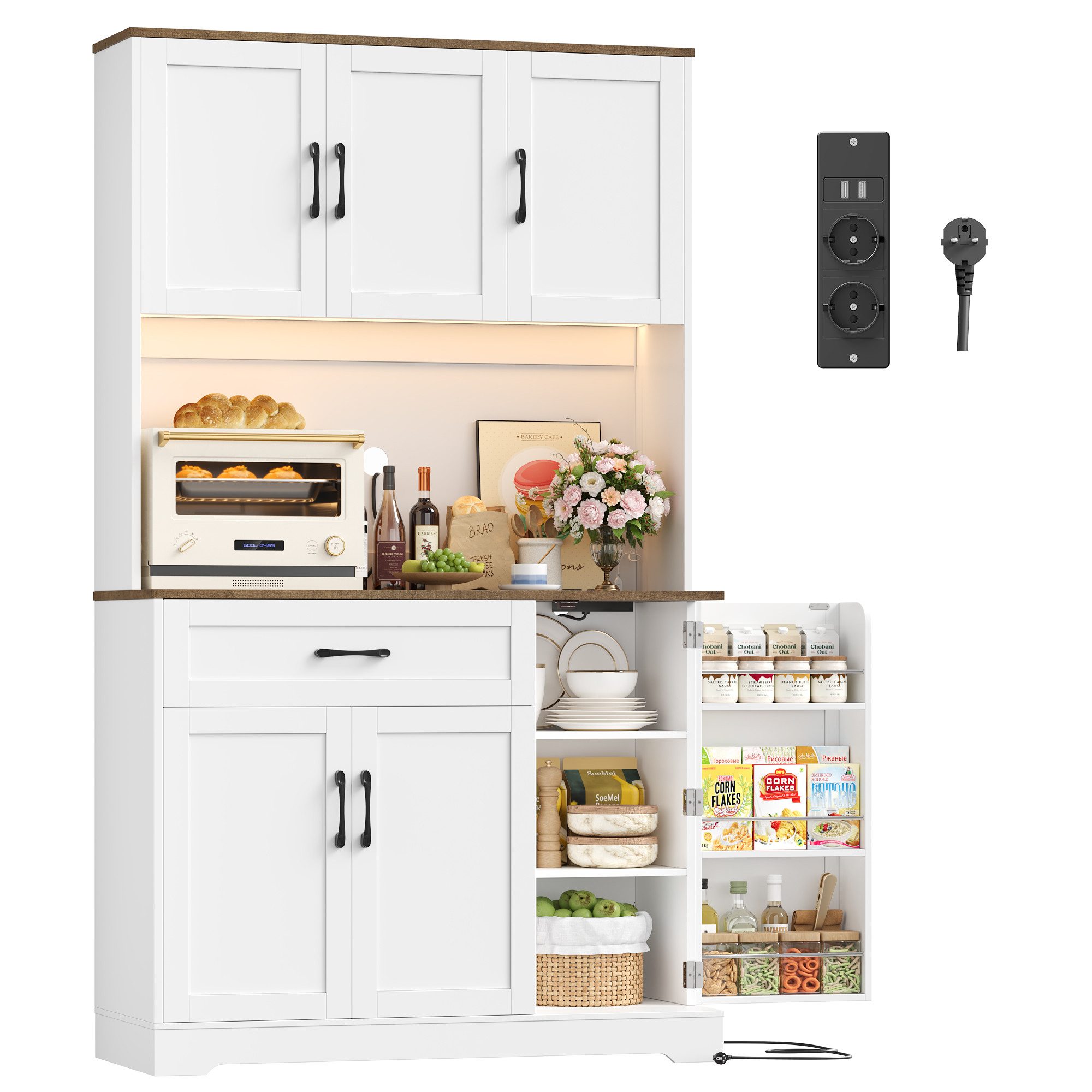Homfa Küchenbuffet Küchenbuffet mit LED Küchenschrank Buffetschrank Sideboard weiß mit Steckdosenleiste & Arbeitsplatte 180,5x100x38,6cm