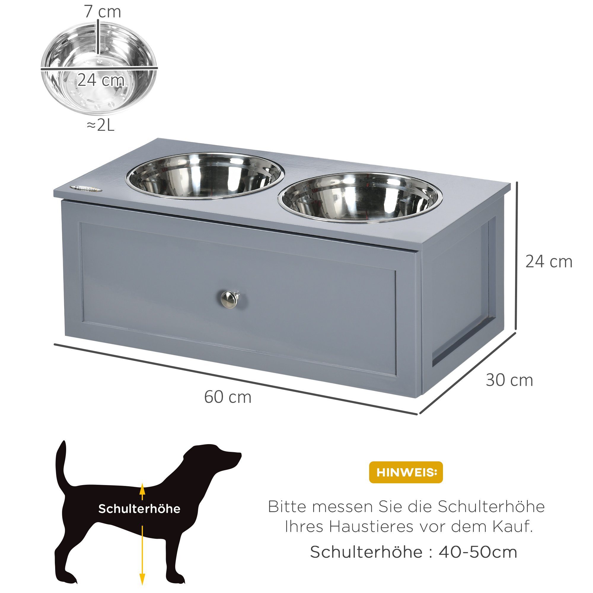 PawHut Futternapf Hunde Fressnapf mit Staumraum, Edelstahl, Grau 60 x 30 x 24 cm