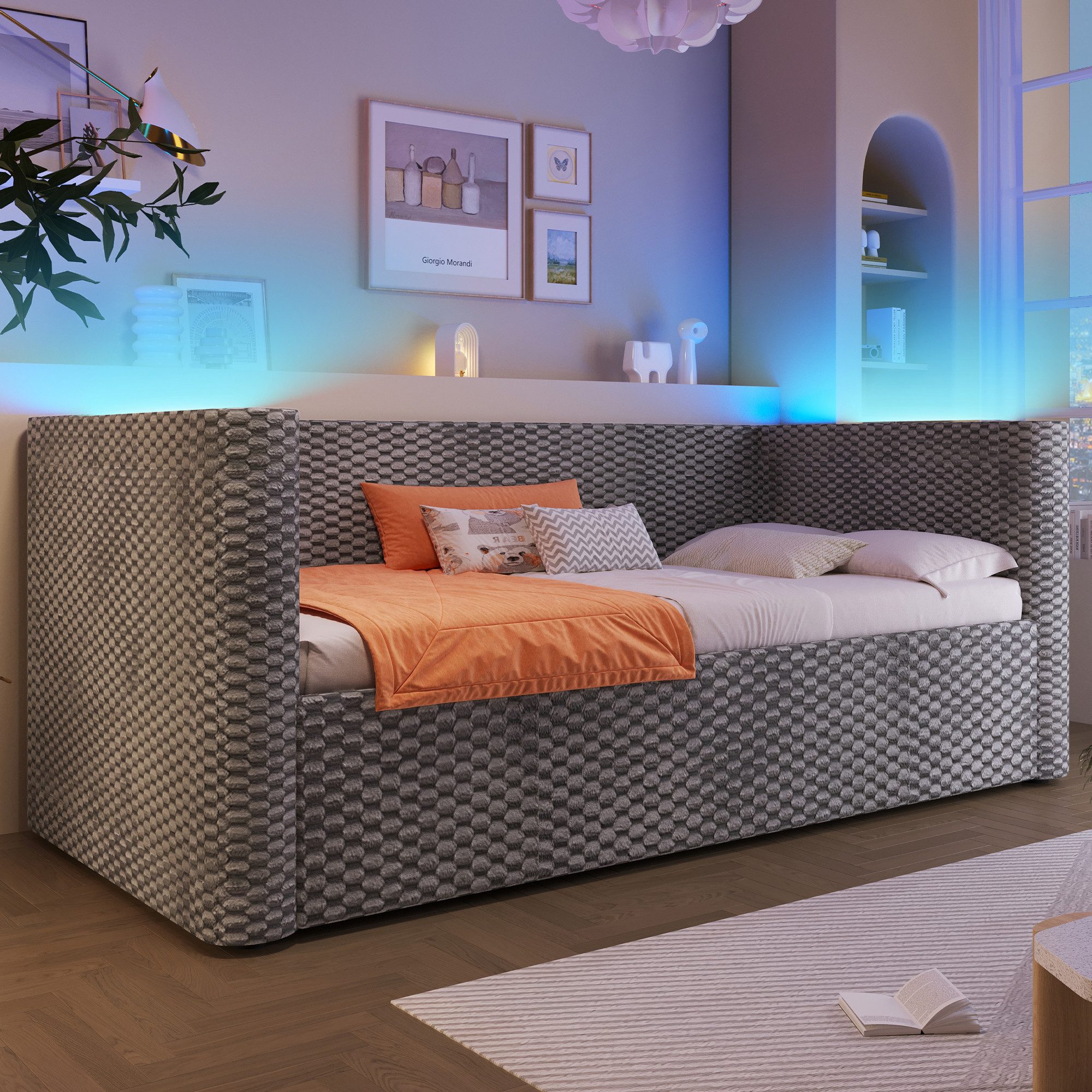 STILVORA Schlafsofa mit bettfunktion&bettkasten Polsterbett 90×200 Tagesbett ausziehbar, mit LED-Beleuchtung, hydraulischem Stauraum und Lattenrost, ohne Matratze