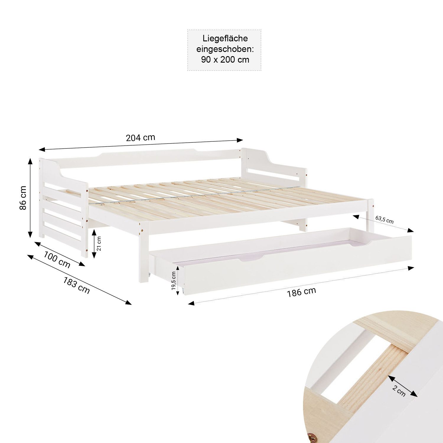 Homestyle4u Holzbett 90x200 Kinderbett Ausziehbett Weiß 2 Liegeflächen Gäst günstig online kaufen