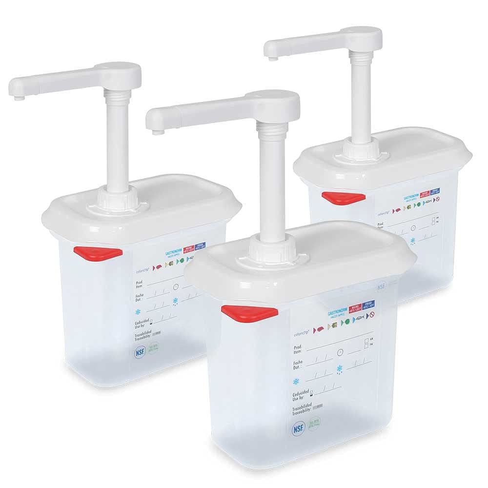 BRB-Lagertechnik Aufbewahrungssystem 3x Pumpspender für Saucen, 1,5 Liter, dicht schließender Deckel, Polypropylen-Kunststoff