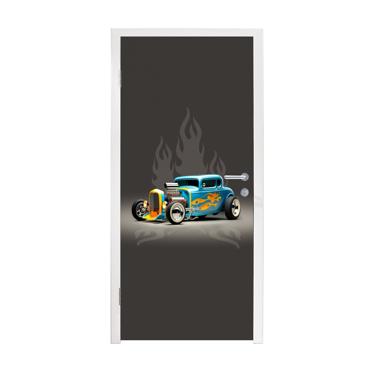 MuchoWow Türtapete Auto - Oldtimer - Flammen - Blau, Matt, bedruckt, (1 St), Selbstklebende Tapete, Folie für Möbel, 75x205 cm