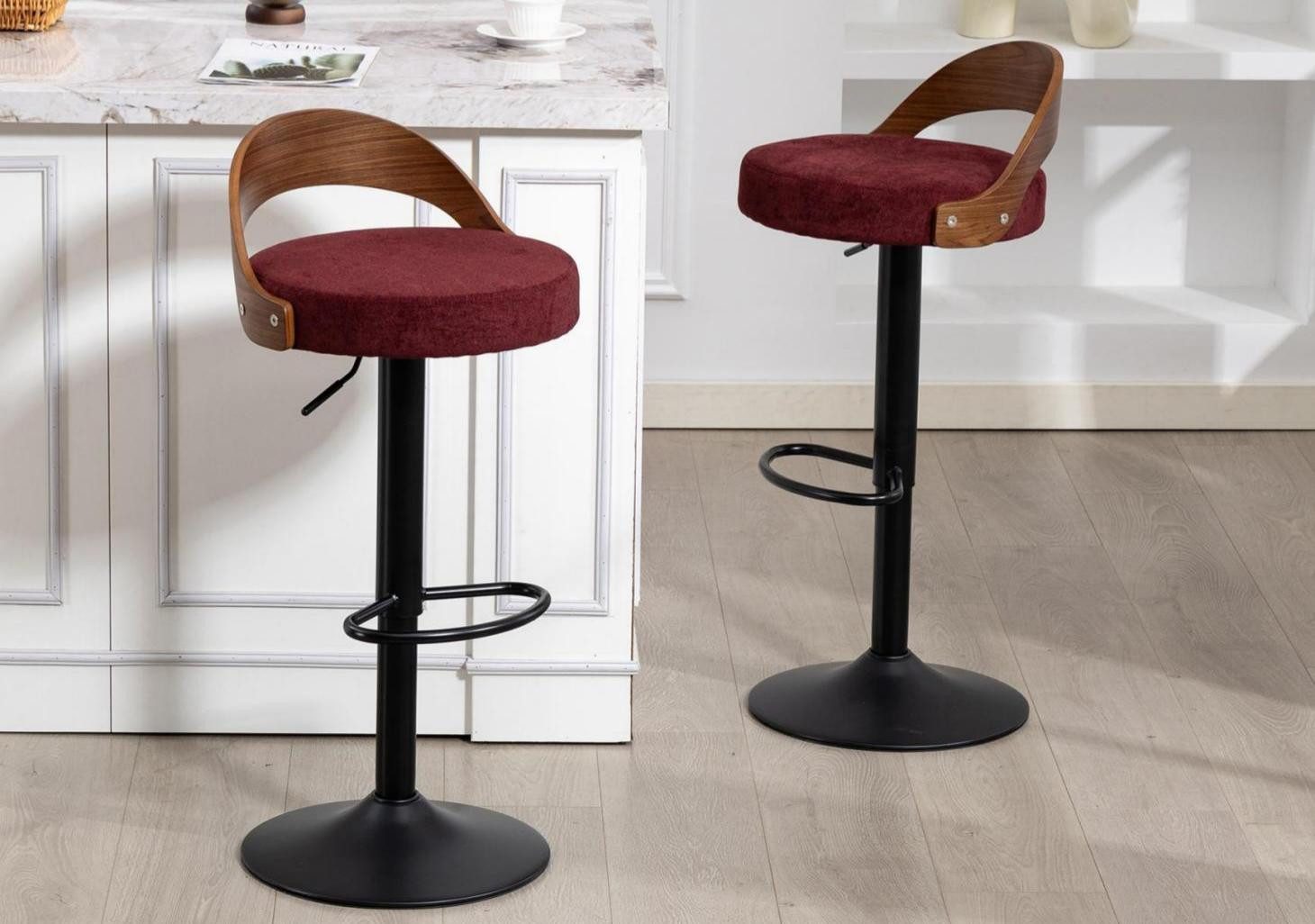 LVHOM Barhocker 360° drehbarer, höhenverstellbarer Barstühle mit Fußstütze,2er Set (Leinenstoff, geschwungene Rückenlehne aus Holz, atmungsaktiv und komfortabel, runder Fuß (42,5 cm Durchmesser), Tragkraft 150 kg), ideal für Wohnzimmer, Küchen, Bars, Balkone, Partys, Cafés und Kneipen