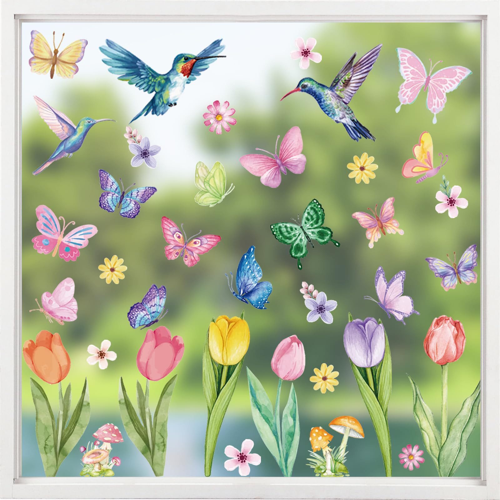 FOUORTUNATE-BEE Fenstersticker 8 Blätter Aquarell Fensterbilder Frühling Selbstklebend Fensterbilder, Blumen Vogel Schmetterling für Fensterdeko Kinderzimmer Frühlingsdeko von FOUORTUNATE-BEE