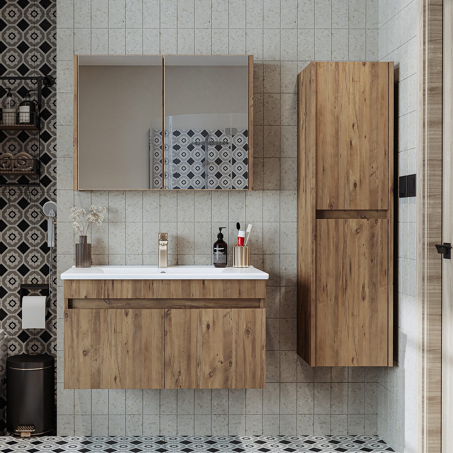 Roomart Badmöbel-Set ATRIA 85 Badmöbel-Set mit Waschbecken, Spiegel & Hochschrank, (Bademöbel Set ATRIA 85 cm mit Waschbecken & Schränken in 4 Farben)