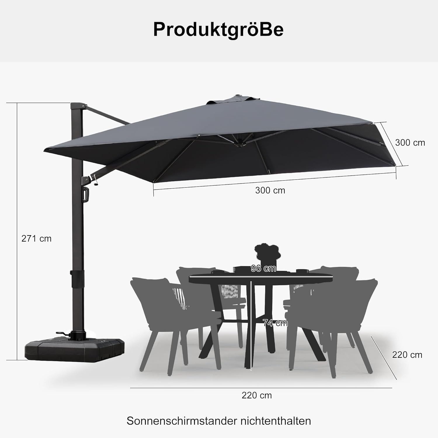 PURPLE LEAF Sonnenschirm Quadratisch Außenbereich Alu Terrassenschirm, großer Ampelschirm, LxB: 300,00x300,00 cm, 360° drehbar, höhenverstellbar, UV-beständig, für Garten, Terrasse, Pool