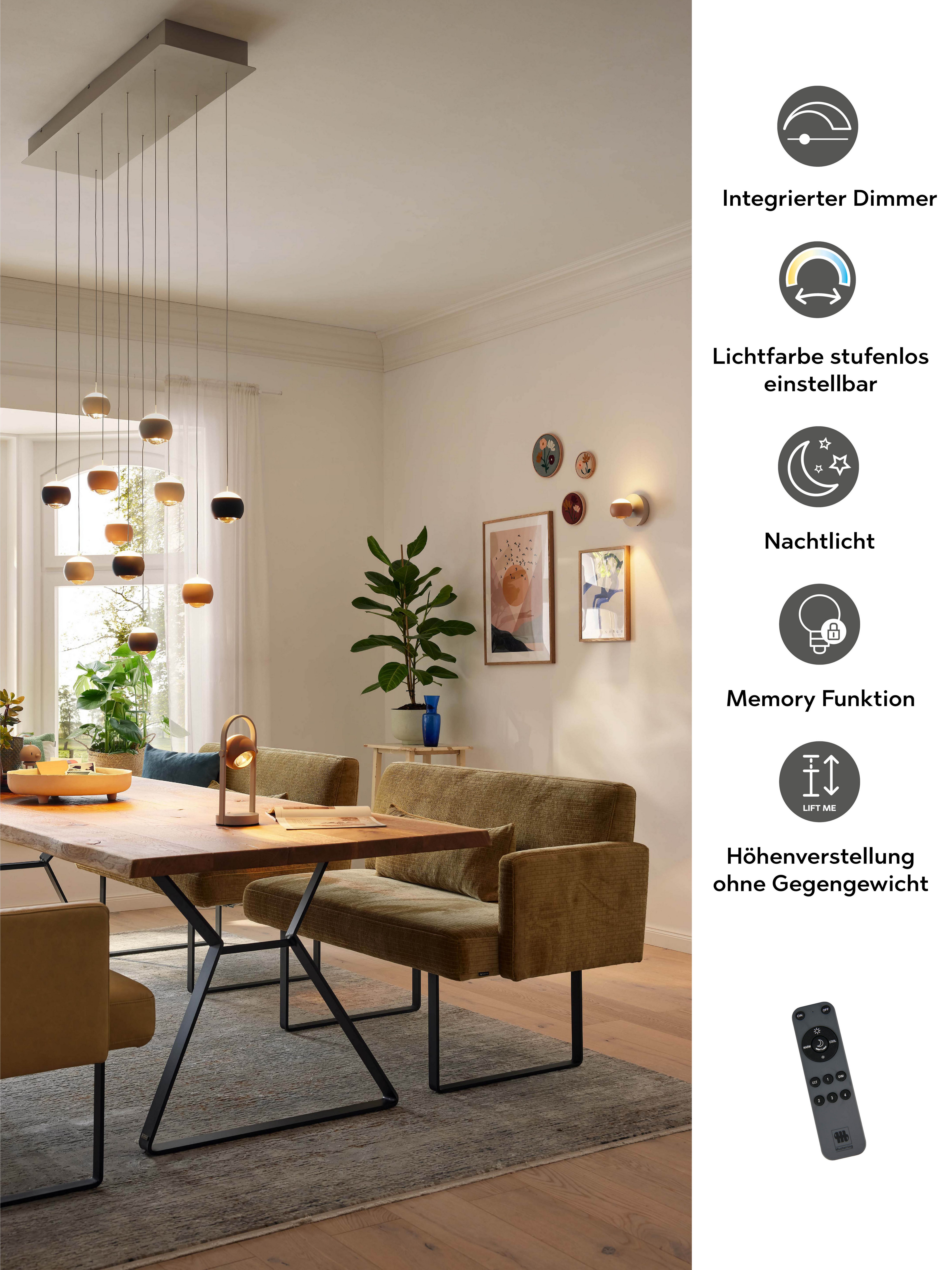 Musterring LED Pendelleuchte CANNON, 11-flammige LED Hängelampe 5W 500Lumen 2300-4000K CCT, CCT - über Fernbedienung, Dimmfunktion, Memoryfunktion, Nachtlichtfunktion, LED fest integriert, Farbwechsler, warmweiß - kaltweiß, mit Fernbedienung, stufenlos höhenverstellbar max 195cm dimmbar Memory