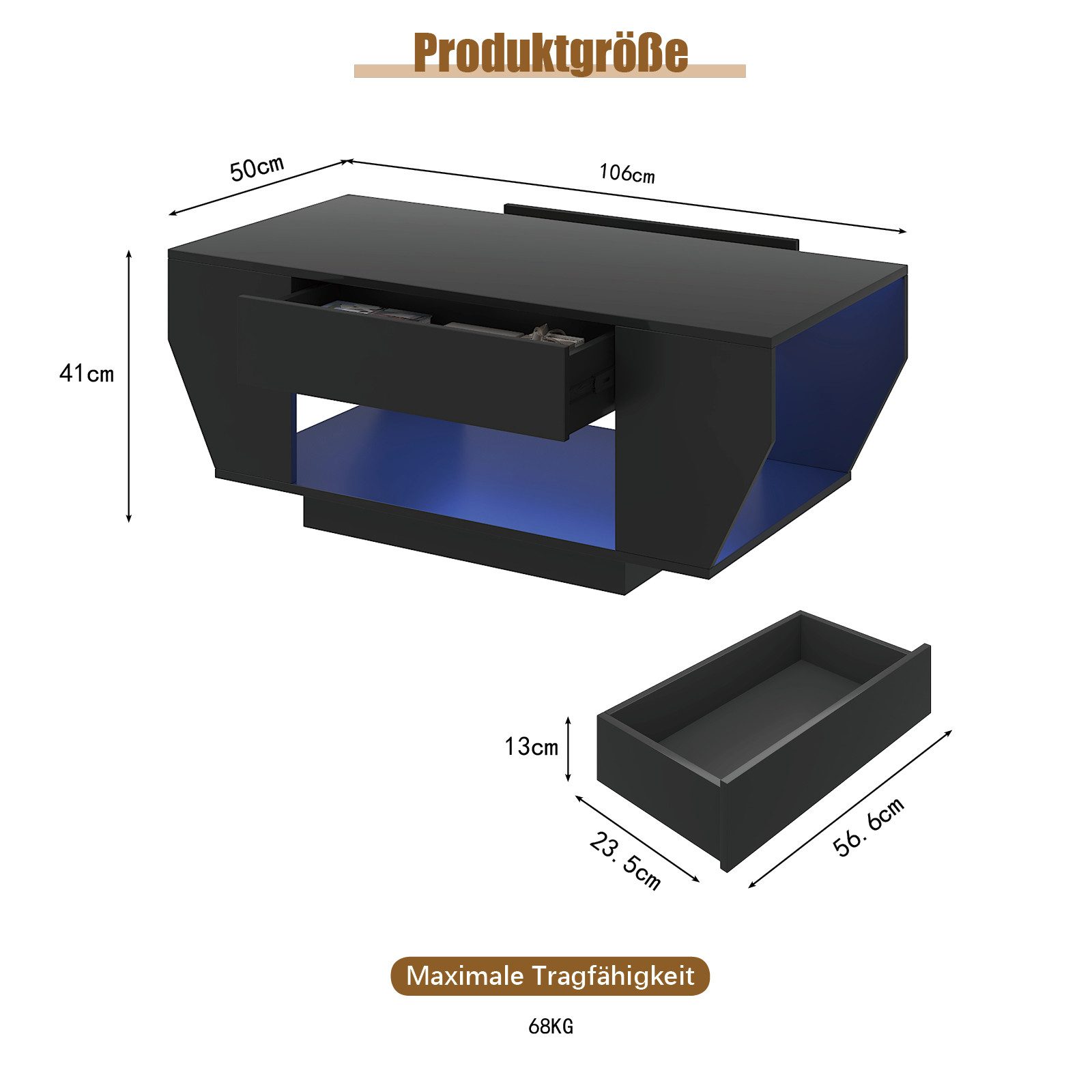 radelldar Couchtisch mit LED-Beleuchtung & 2 Schubladen, Hochglanz-Weiß/Schwarz (1-St), Boot-Form Design, Fernbedienung für dein Wohnzimmer