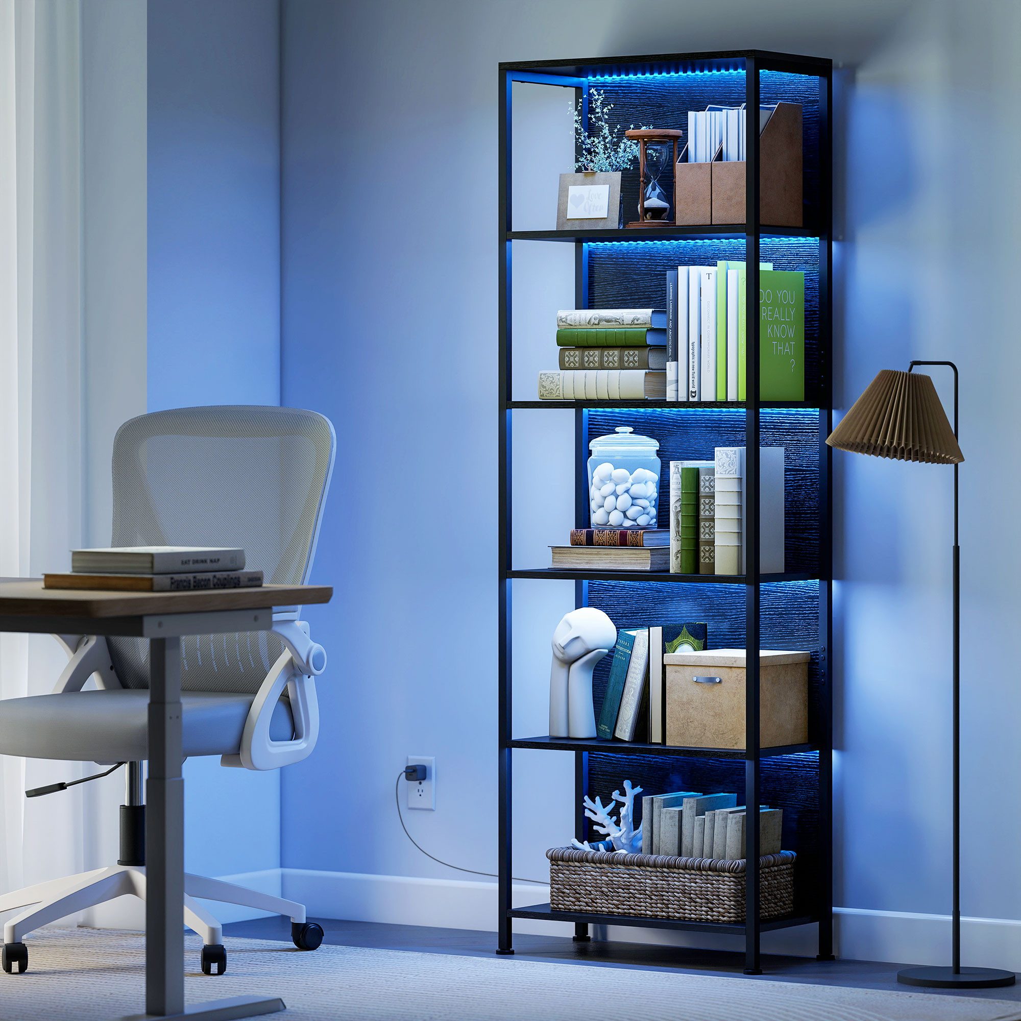HOMCOM Bücherregal Standregal mit 5 Ebenen Aufbewahrungsregal mit Stahlrahmen Schwarz, Büroregal 1-tlg., LED-Beleuchtung mit 7 Farben, Kippschutz, verstellbare Füße
