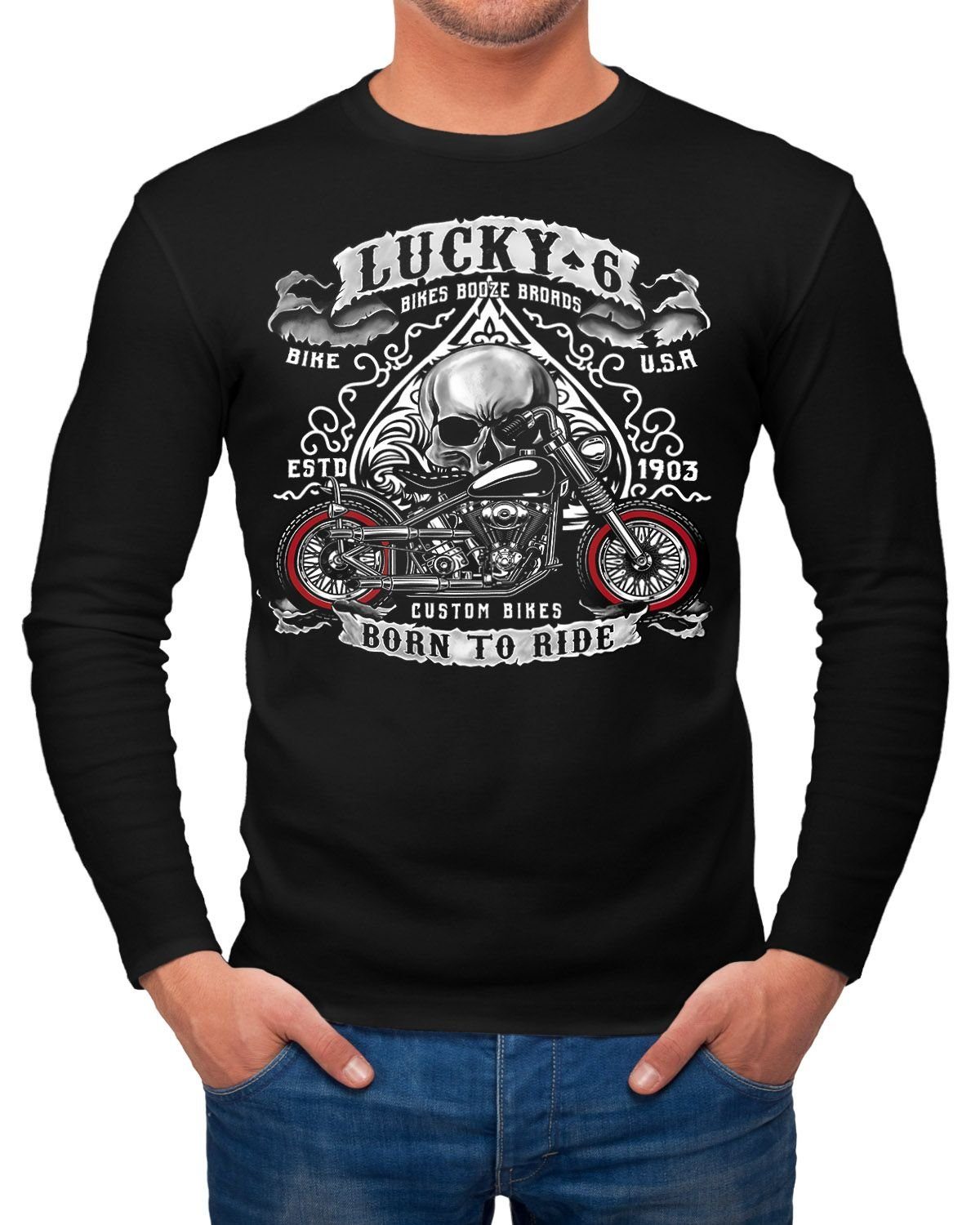 Neverless Longsleeve Herren Longsleeve Biker Lucky 6 Totenkopf Pik Motorrad günstig online kaufen