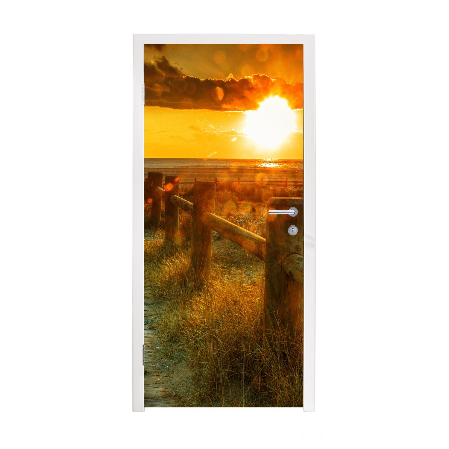 MuchoWow Türtapete Sonne - Strand - Düne - Horizont - Gras - Weg - Orange, Matt, bedruckt, (1 St), Fototapete für Tür, Türaufkleber, 75x205 cm