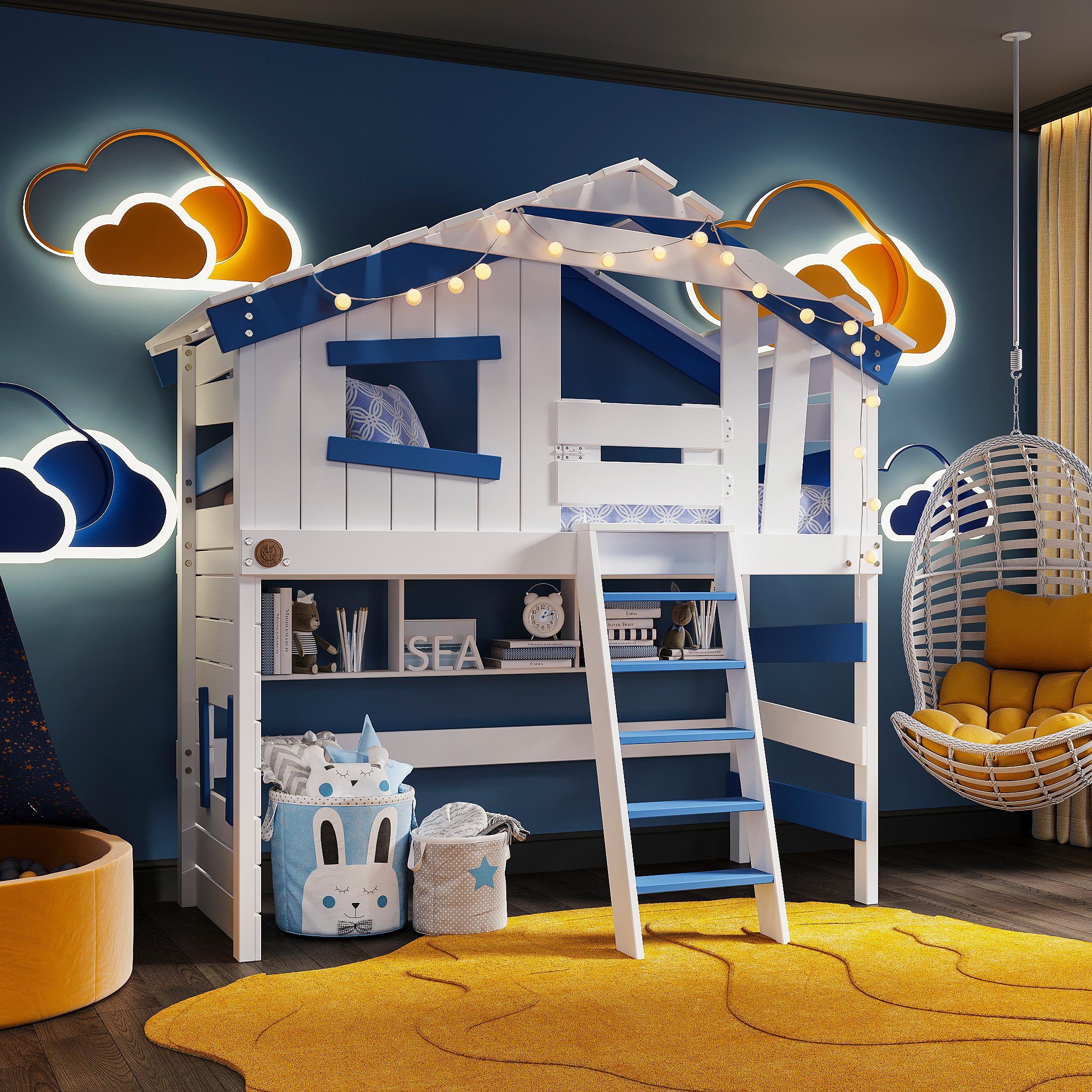 bibex Hochbett ALPIN CHALET Hochbett, Kinderbett, Doppelbett, Hausbett - Blau/Weiss