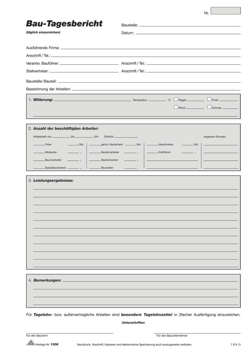 Formularblock Formularbuch Bautageblock A4 3x50 Blatt.