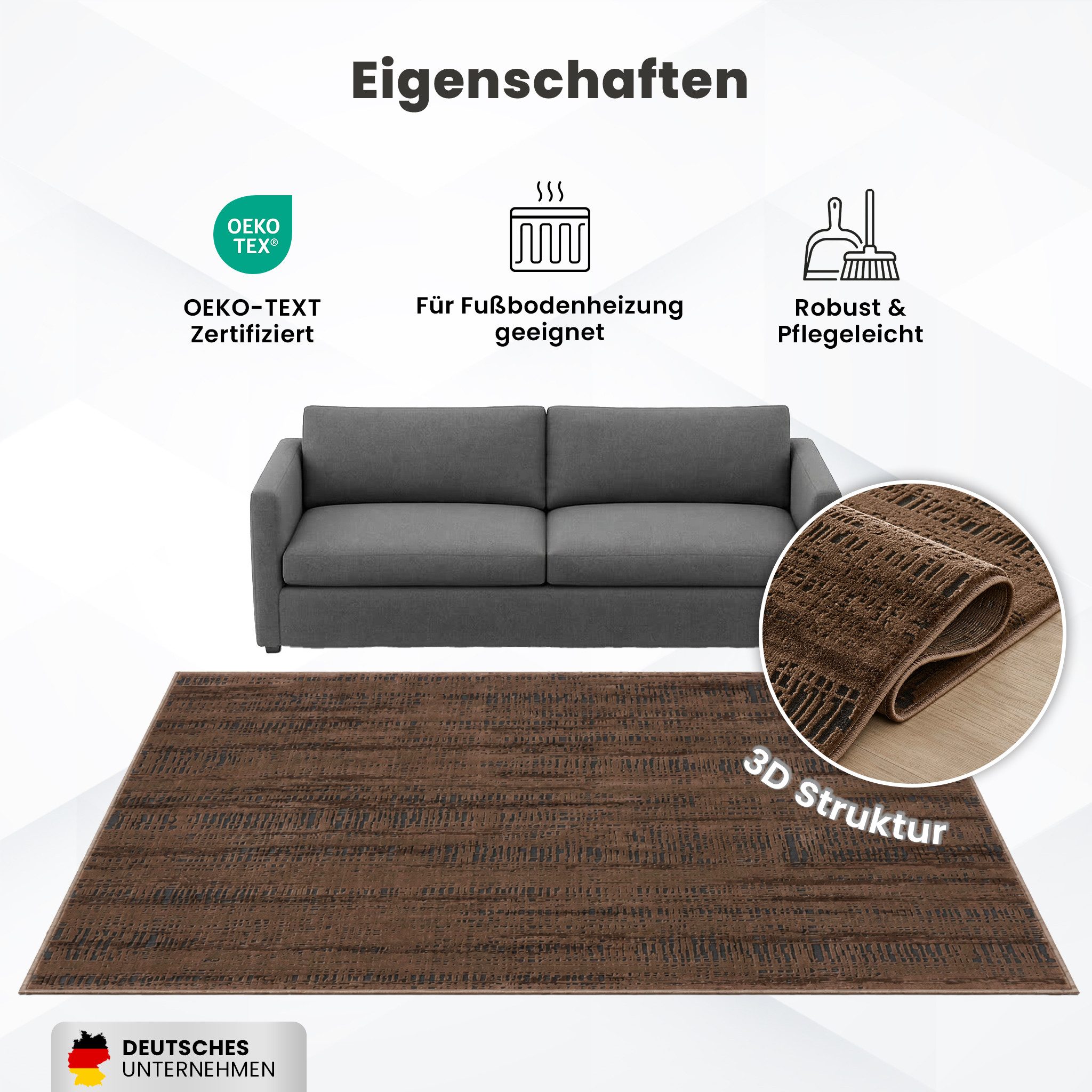 Vimoda Teppich Wohnzimmer COSTA, modern Designteppich 3D Effekt, Rechteckig, Höhe: 11 mm, premium Rechteck Muster hoch-tief Kurzflor weich, Boho Einfarbig