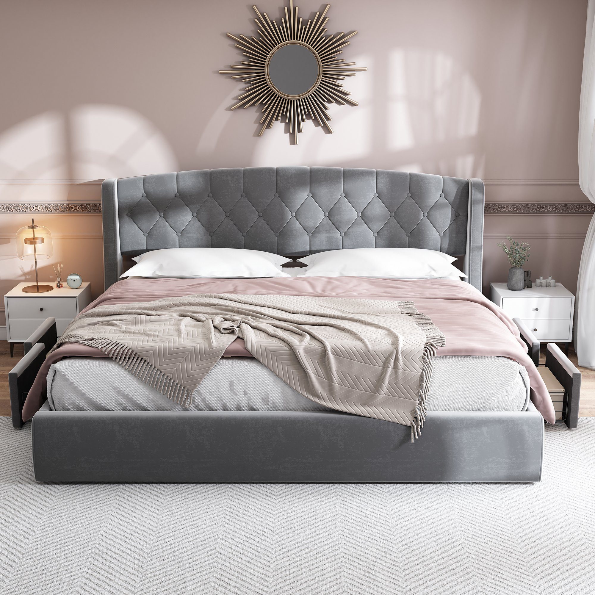 Polsterbett (Polsterbett, 180 x 200 cm Doppelbett mit Lattenrost und 4 Schubladen), Holzbett inkl. Kopfteil mit Rautensteppung, Bezug aus Samtstoff