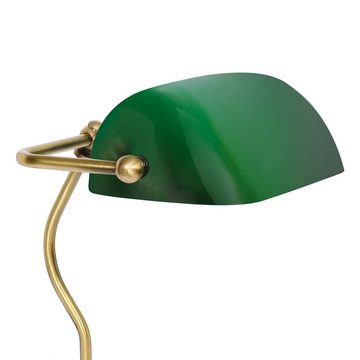 Licht-Erlebnisse Schreibtischlampe URSULA, ohne Leuchtmittel, Bankerlampe Bankerlampe in Bronze hell Grün Glas Echt-Messing 29 cm