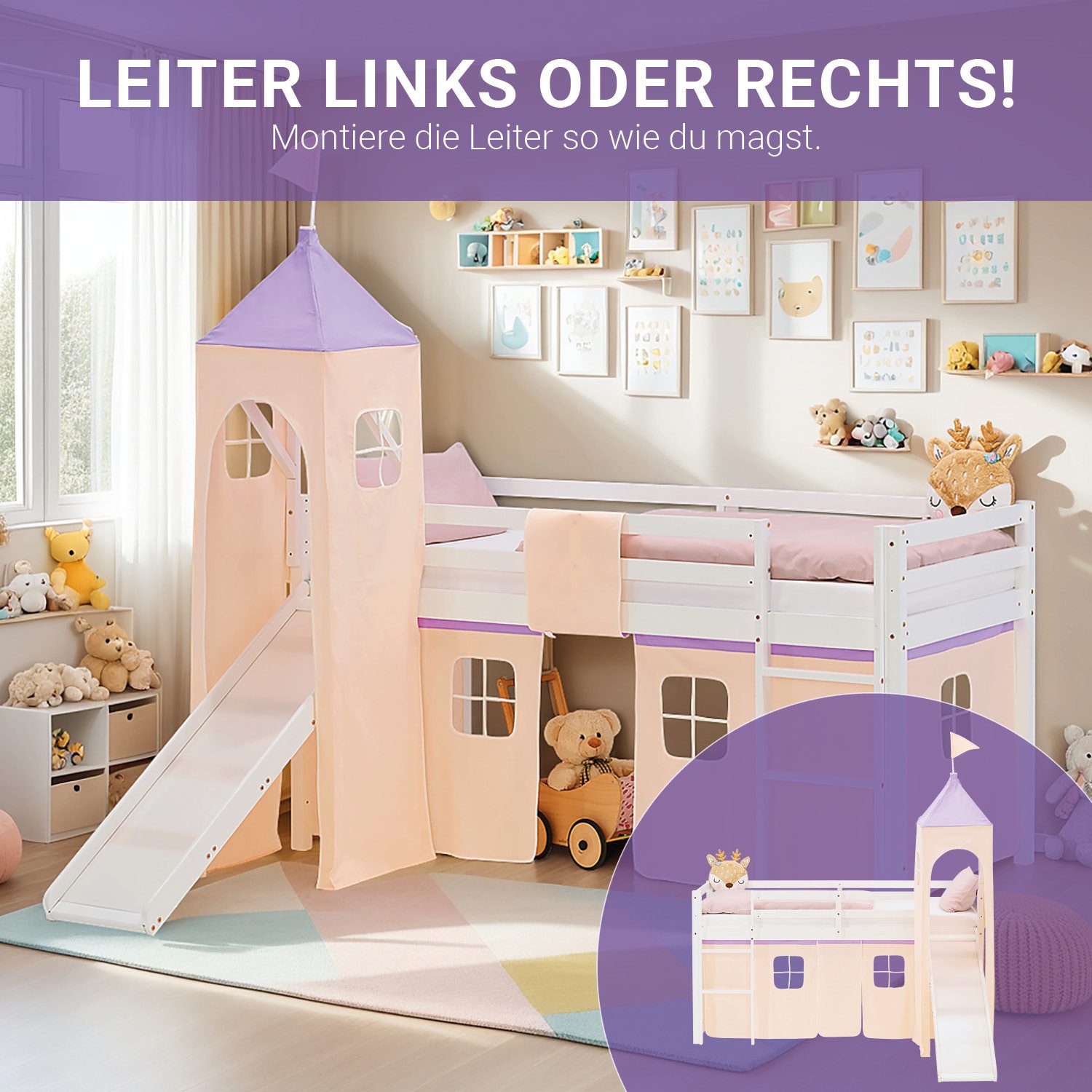 Homestyle4u Hochbett Kinderbett 90x200 Spielbett Holz Kiefer Mädchen Weiß Lila Vorhang (mit Rutsche und Turm, Spielbett) mit Rausfallschutz, Mädchen