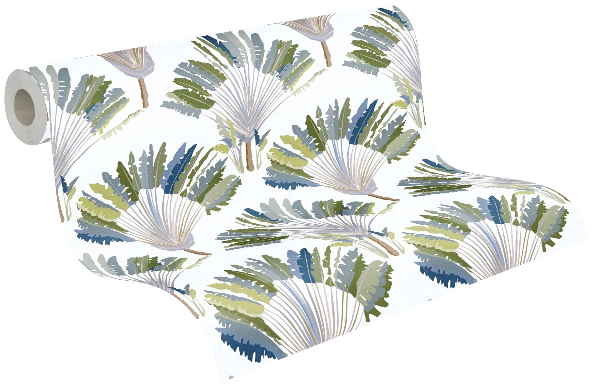 Vliestapete Jungle grün/weiß/blau Palmentapete Federn floral, botanisch, Architects tropisch, Dschungel Paper glatt, Tapete Chic,