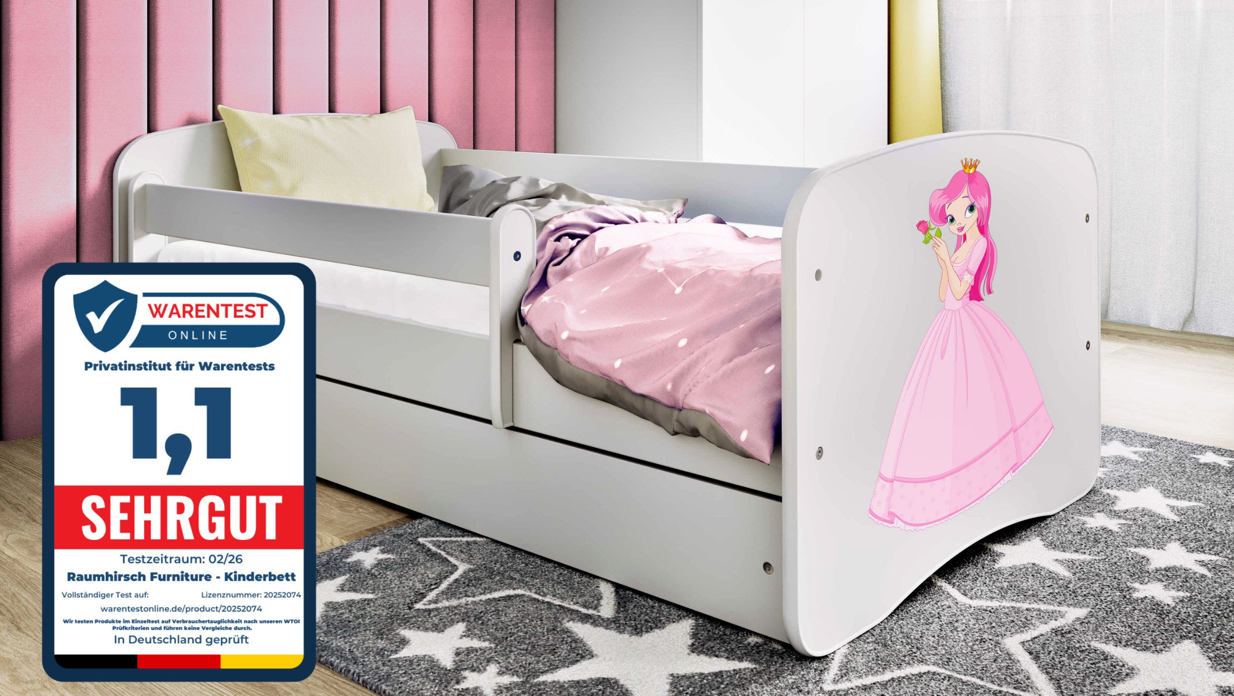 Raumhirsch Furniture Kinderbett 70x140, 80x160, 80x180 cm - Komplettset mit Matratze & Schublade (Bett für Mädchen, Einzelbett Kinder 2–12, mit Rausfallschutz & Lattenrost), verschiedene Farben & Designs