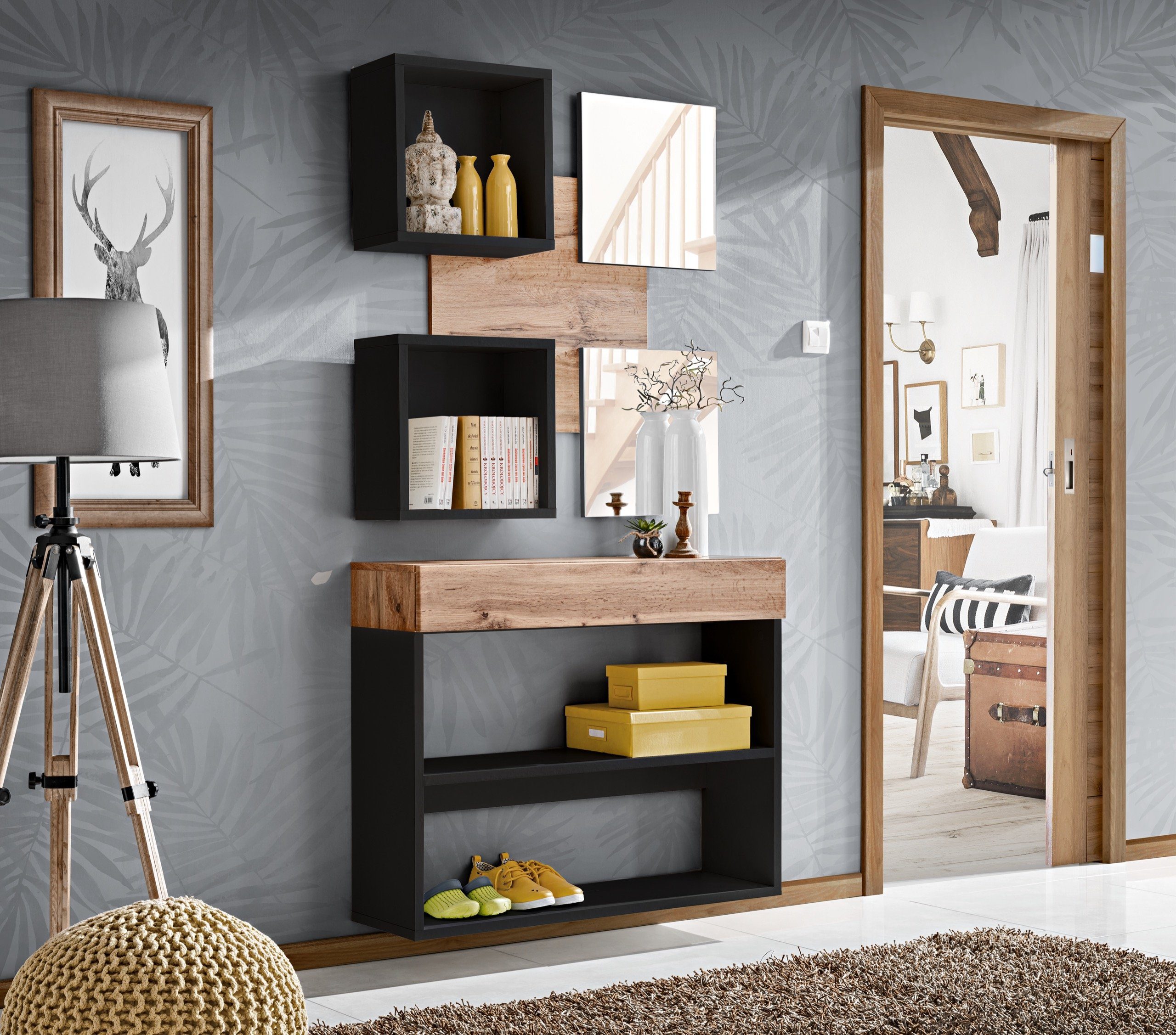 ASM-Moebel Wandgarderobe Flurgarderobe EASY IV mit Spiegel und Push-Click System 2 Varianten, Mit Spiegel und Push-Click System