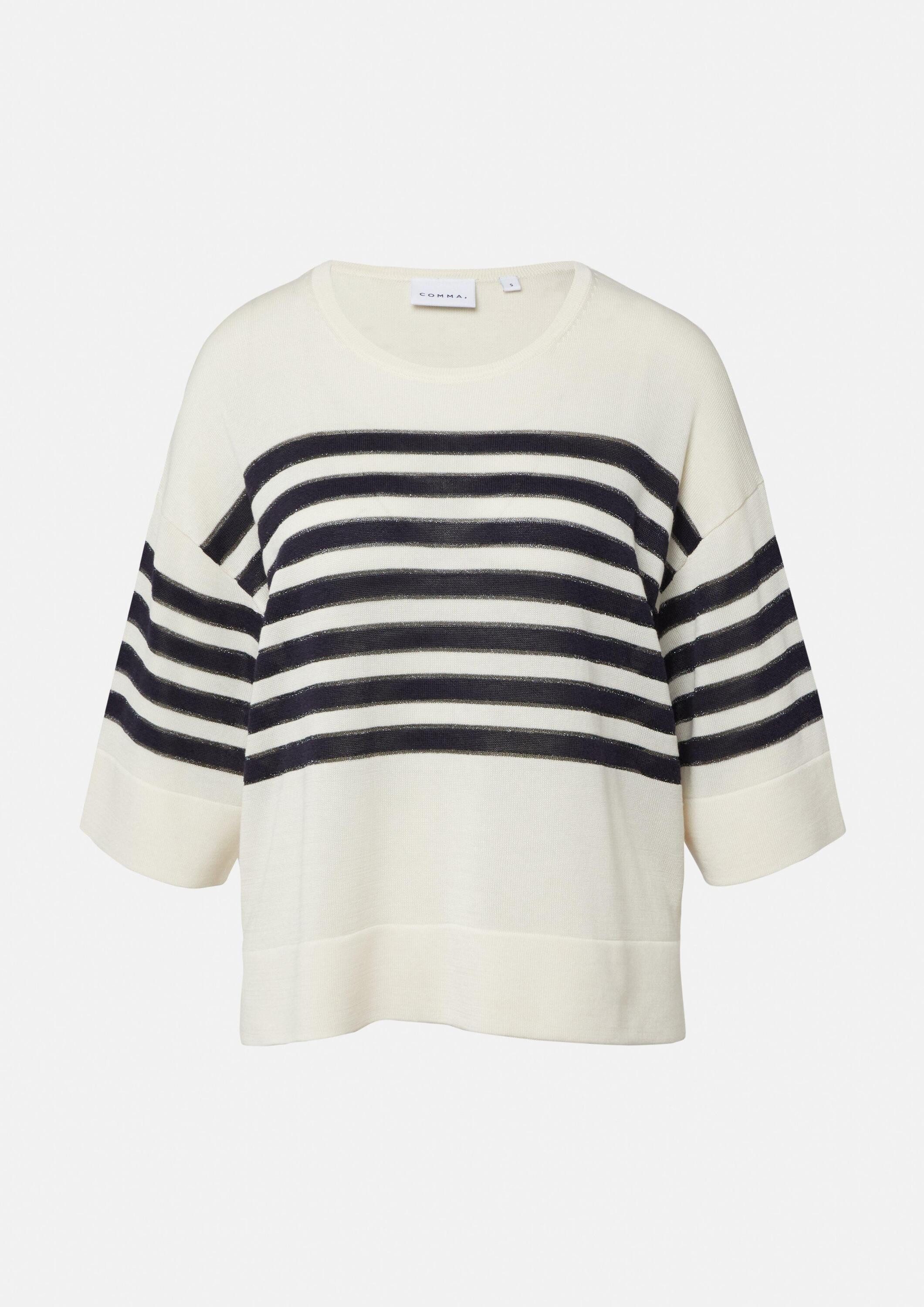 comma Kurzarmpullover Strickpullover Gestreifter Feinstrickpullover mit dezentem Glitzergarn