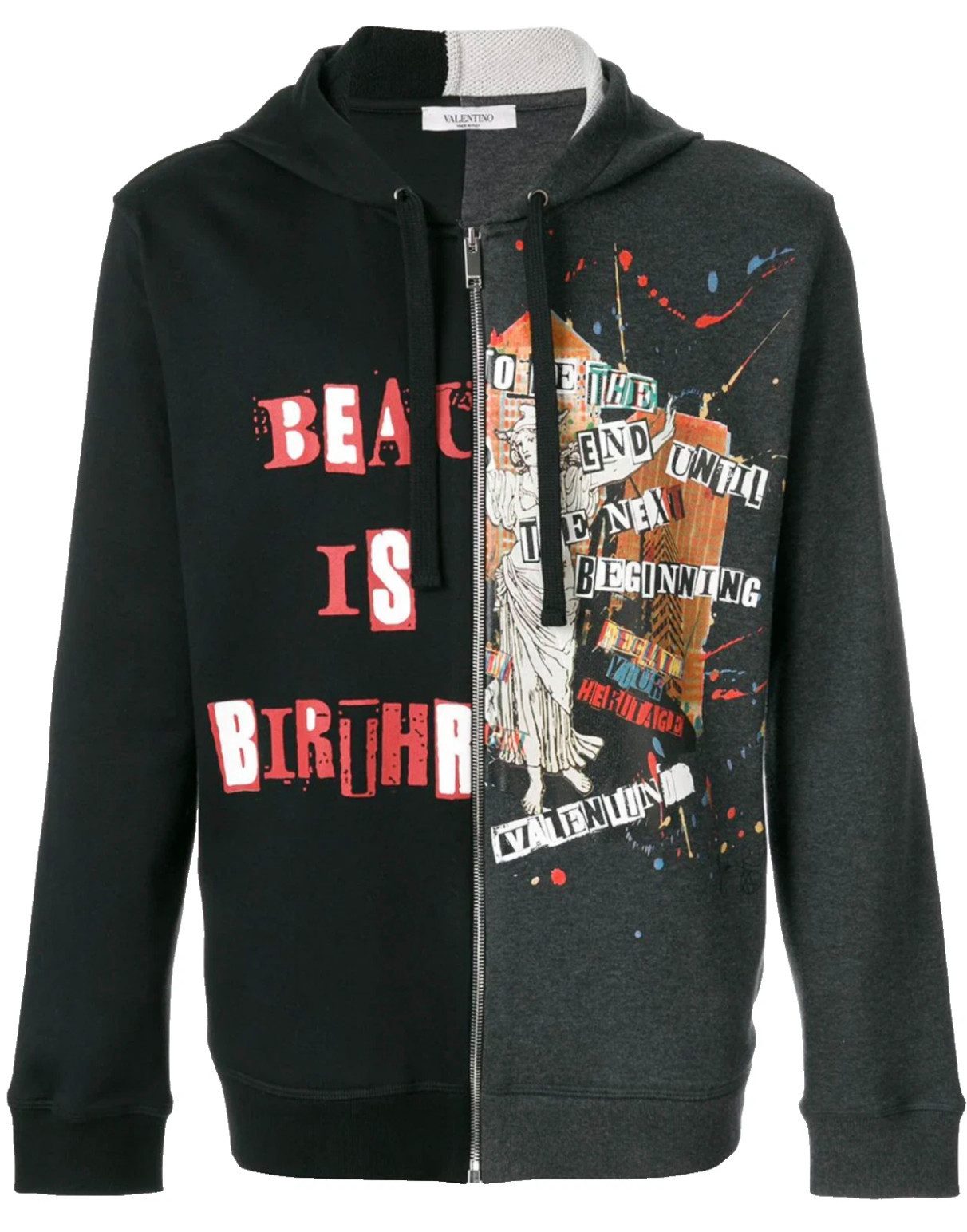 Valentino Sweatjacke Jamie Reid Punk Poem Two Faced Hoodie Kapuzenjacke Jacke mit Schrift-Collage, Statue und Farbspritzern