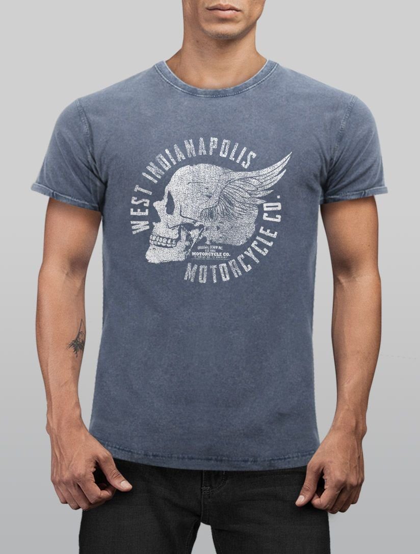 Slim Fit Neverless Wings Neverless® Look Used mit Vintage Skull blau Print-Shirt Herren Cooles T-Shirt Totenkopf Angesagtes Print