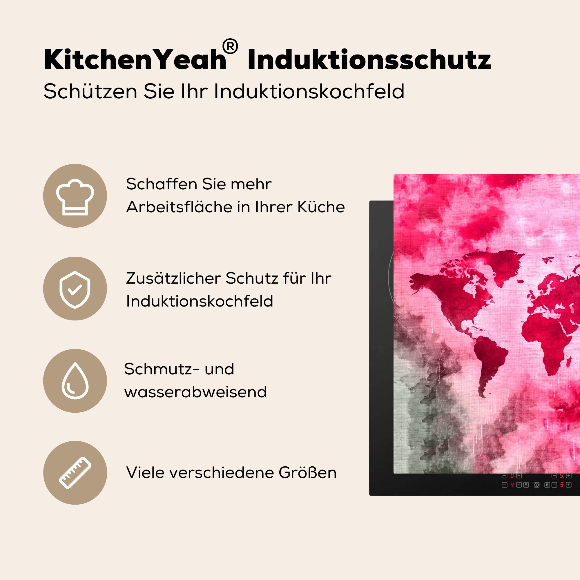 Weltkarte Farben, Vinyl, tlg), für cm, küche - MuchoWow Arbeitsplatte (1 Ceranfeldabdeckung, 78x78 - Abstrakt Herdblende-/Abdeckplatte