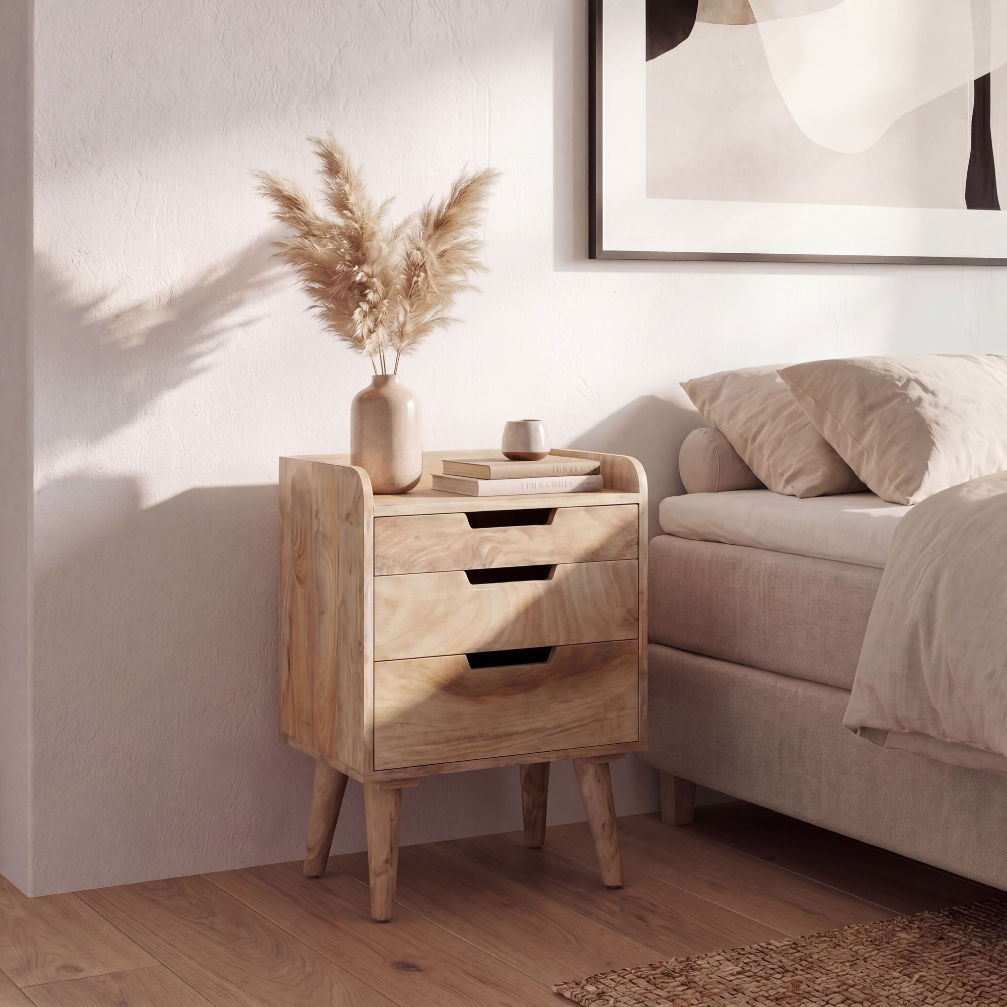 FINEBUY Nachttisch FB105728 Massiv 3 Schubladen Ablage Nachtkonsole Natur Nachtkästchen (Design Nachtkommode, Nachtkonsole Hellbraun), 63 cm Boxspringbett, Mango Massivholz Schubladen
