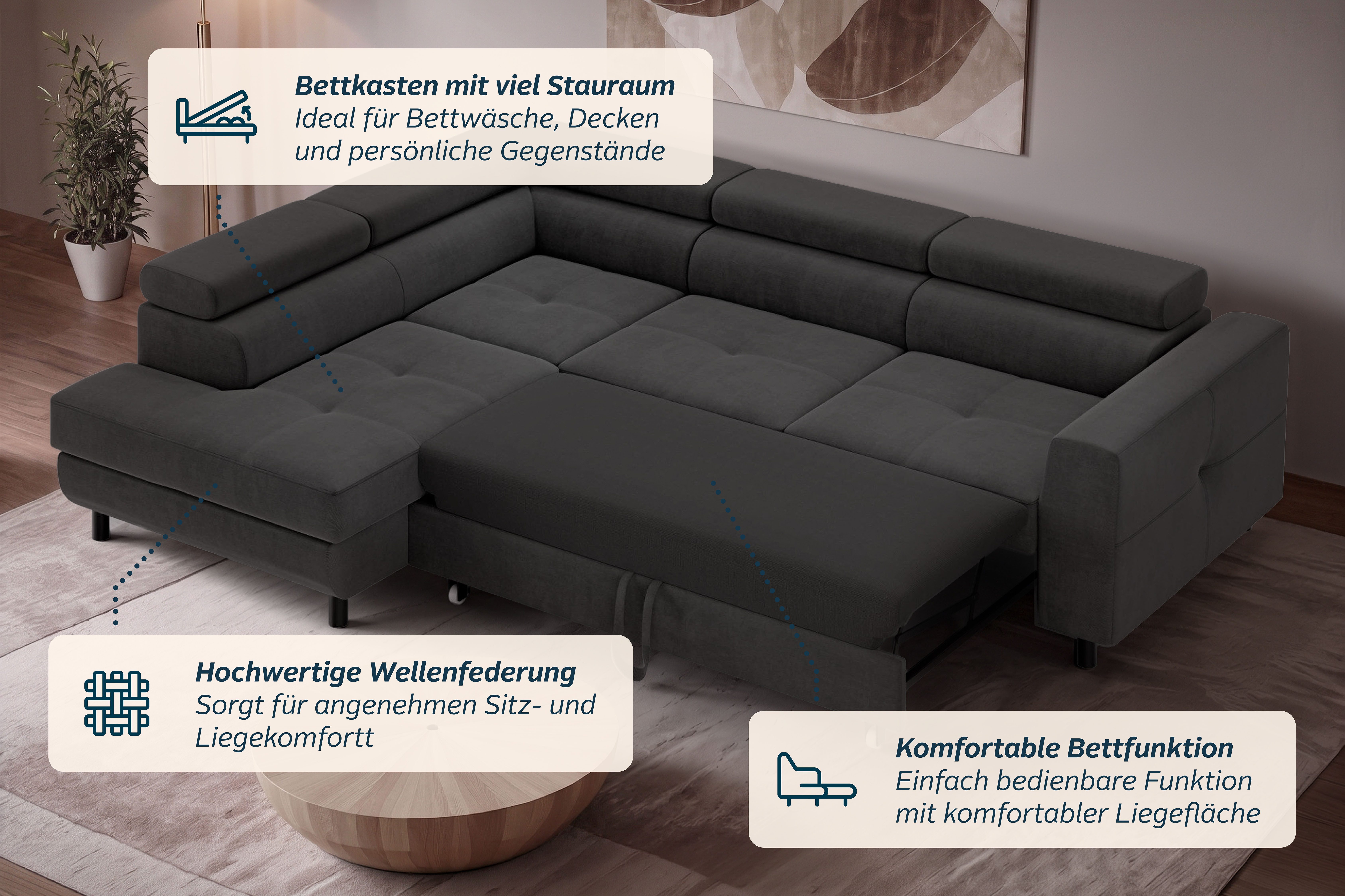 OTTO home Ecksofa AADEN Schlafsofa 254 cm - OTTO. Verlässliche Qualität., mit Bettfunktion, Bettkasten, Kopfstützen, rechts/links bestellbar – Bild 4 von 5