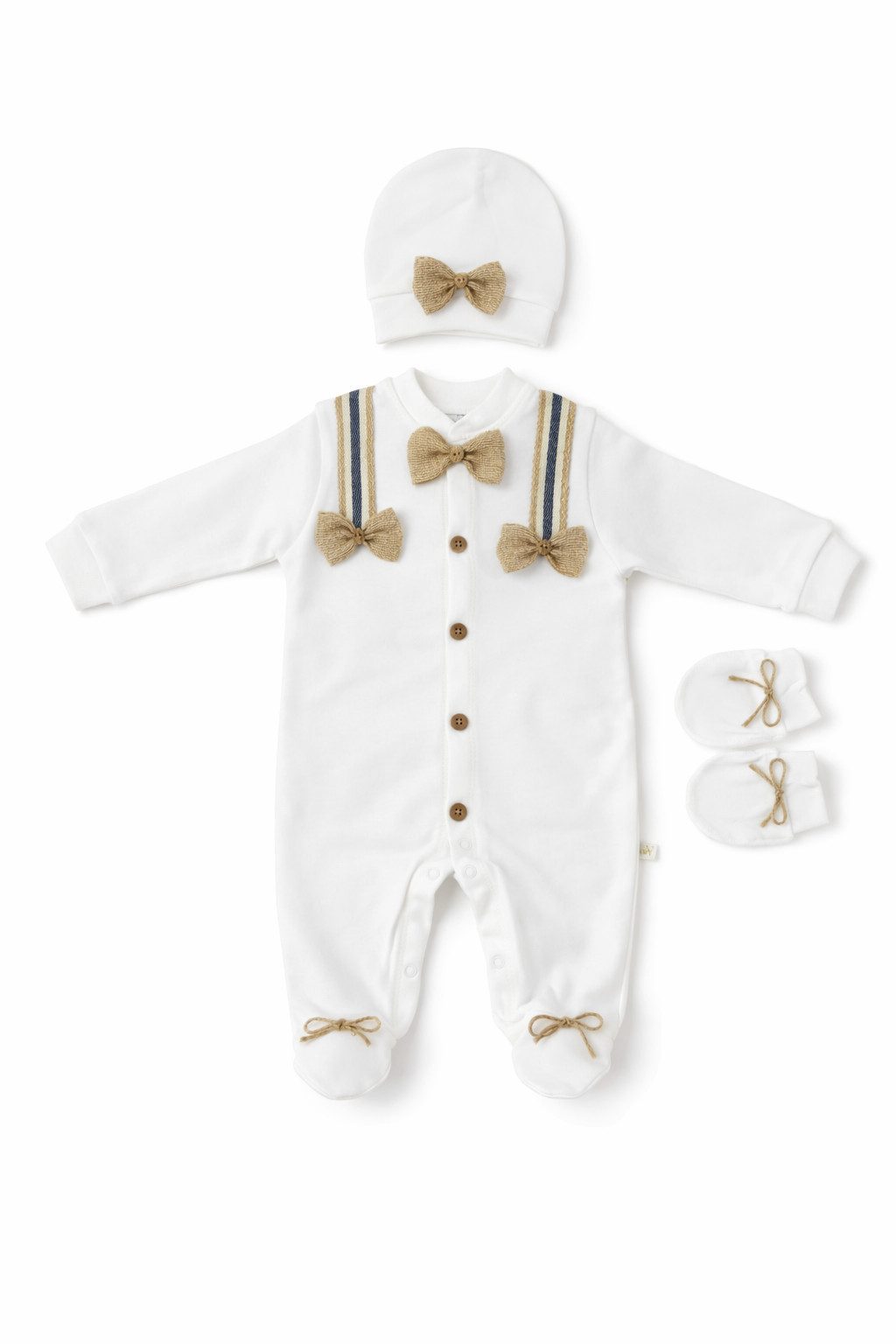 Neugeborenen-Geschenkset Jungen Set Strampler mit Fuß, Mütze, Fäustlinge, Weiß, 100% Baumwolle
