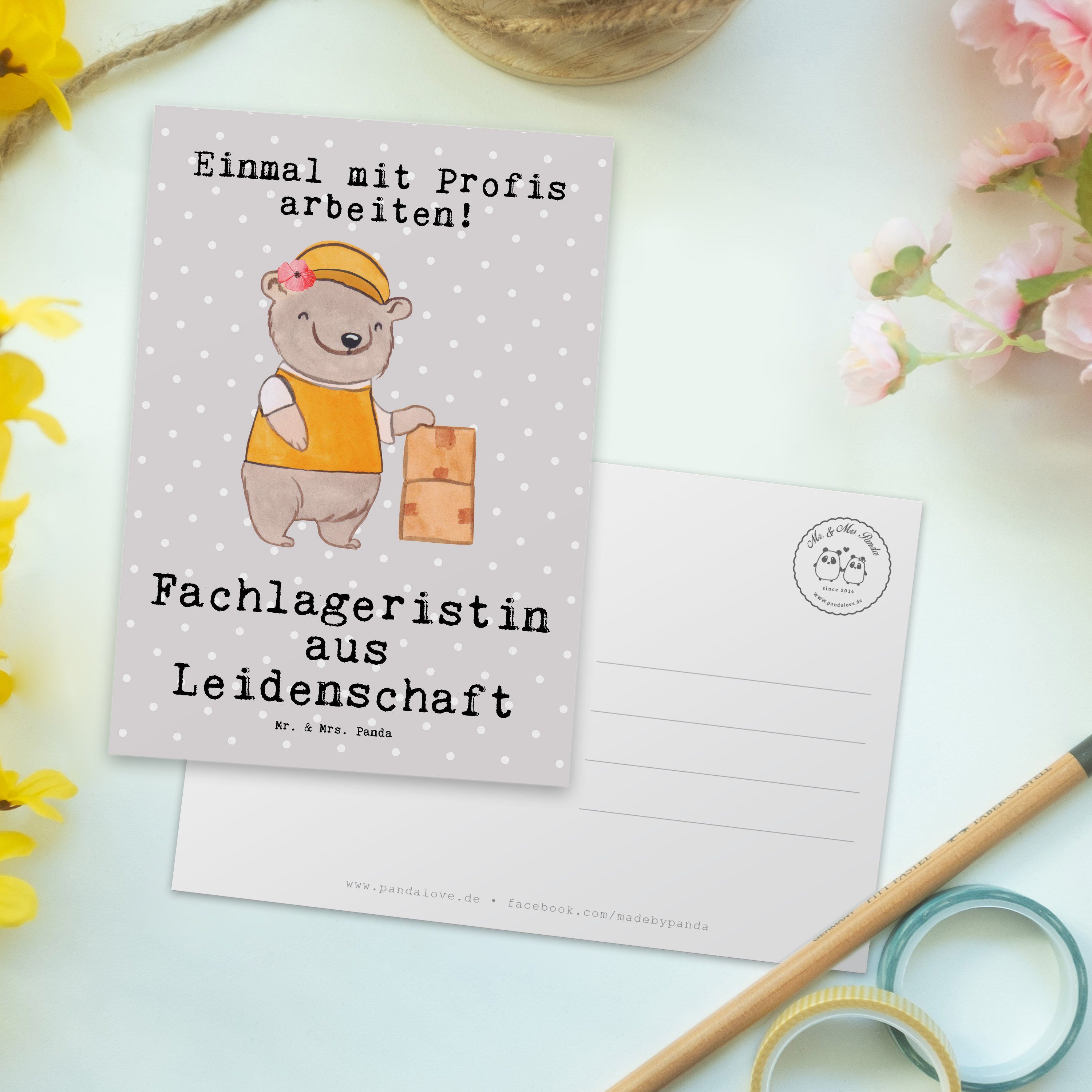 Mr. & Mrs. Jubiläum aus Panda - Pastell - Fachlageristin Grau Geschenk, Postkarte Leidenschaft