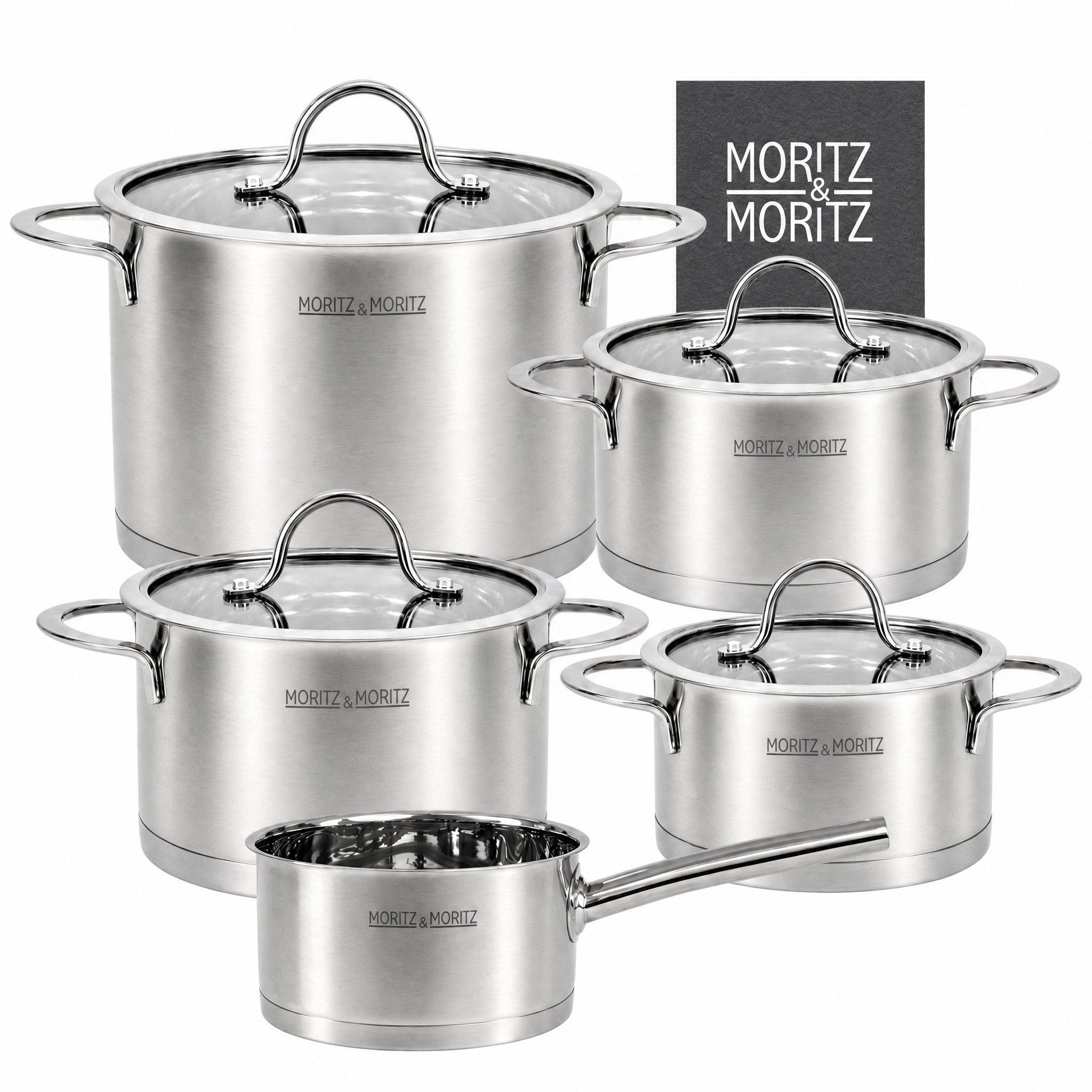 Moritz & Moritz Topf-Set Edelstahl Kochtopfset 9-teilig, 5 Kochtöpfe inkl. 4 Glasdeckel, Edelstahl (Set, 9-tlg., Set), für alle Herdarten