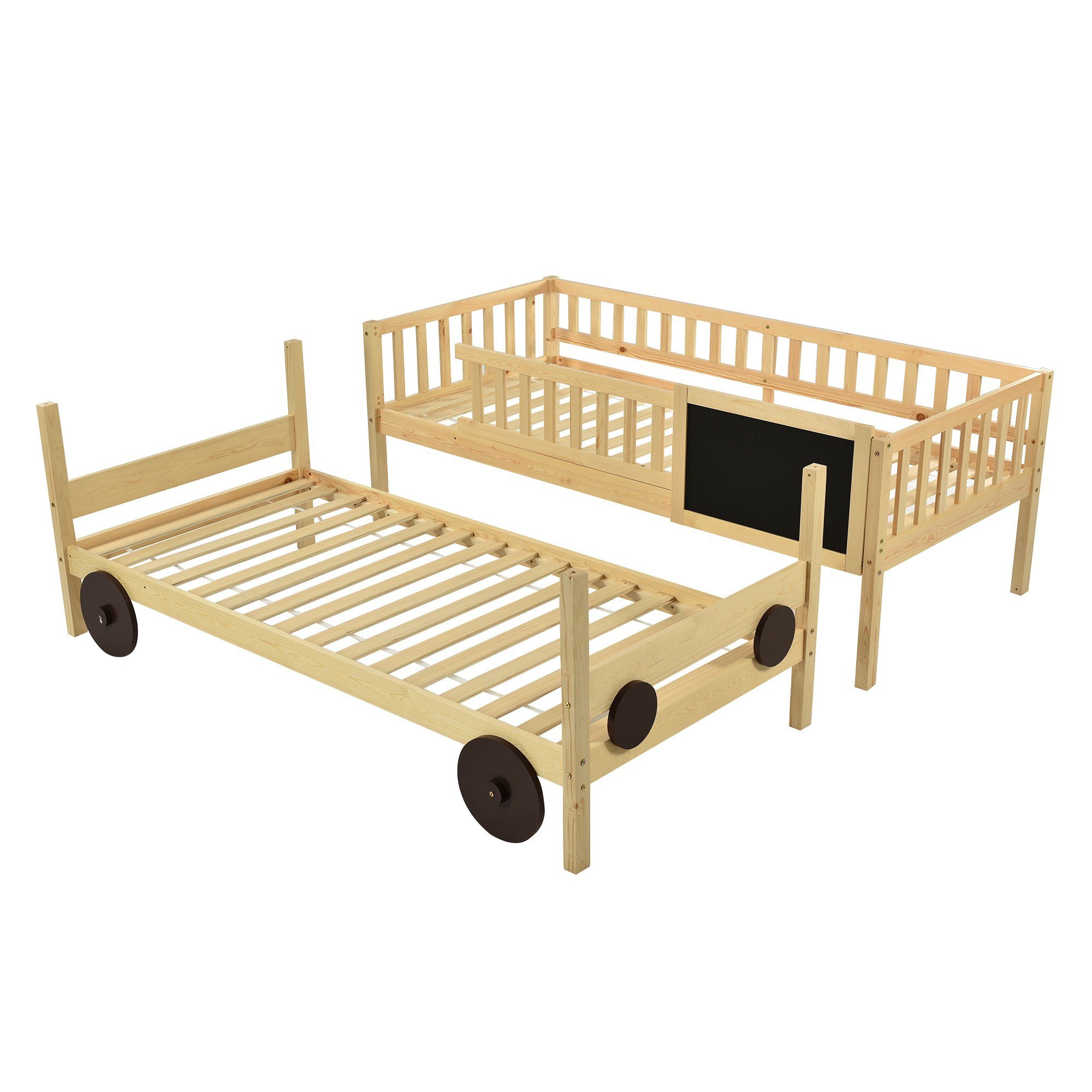 Etagenbett (Stockbett, Hochbett mit Lattenrost, Rausfallschutz, Leiter und MDF-Rädern), Kinderbett 90 x 200 cm, umbaubar in zwei Einzelbetten, Kiefer