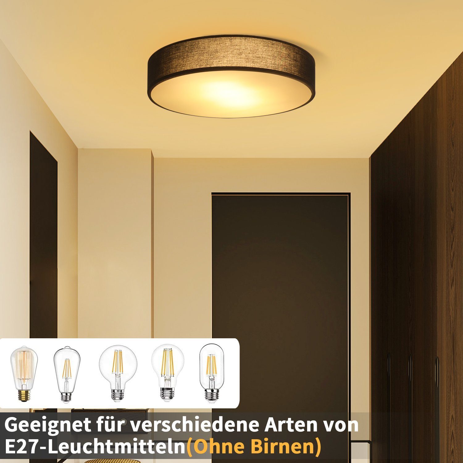 Ø30CM Deckenleuchte Deckenlampe Leuchtmittel, ohne runde ZMH E27, Stoffschirm 1-Flammig Deckenlampe, mit Schwarz