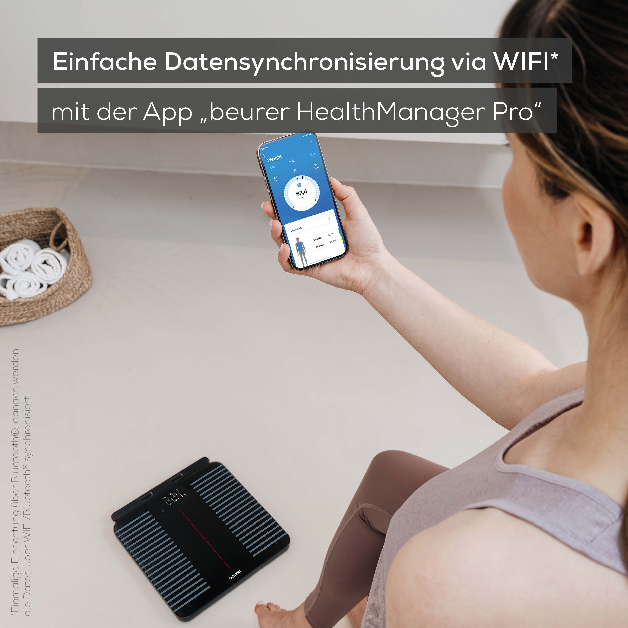 BEURER Körper-Analyse-Waage BF 990 Diagnosewaage zur Ganzkörperanalyse, 180 kg, App-Verbindung, Mit Handsensoren und App-Anbindung via WIFI/Bluetooth, 25 Messwe – Bild 5 von 5