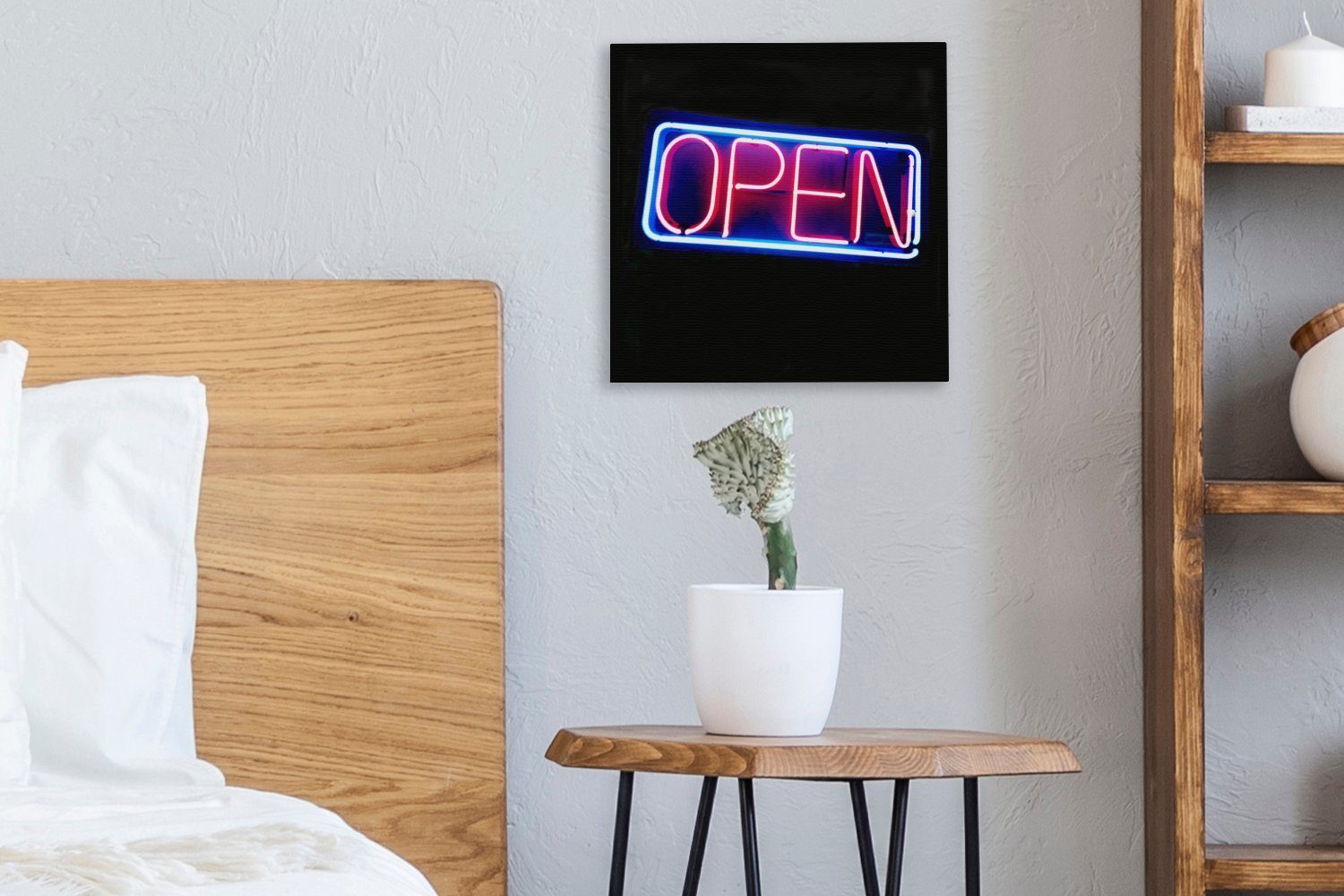 OneMillionCanvasses® Leinwandbild Eine Leuchtreklame Bilder für (1 Wohnzimmer Schlafzimmer St), Leinwand mit open, Text dem