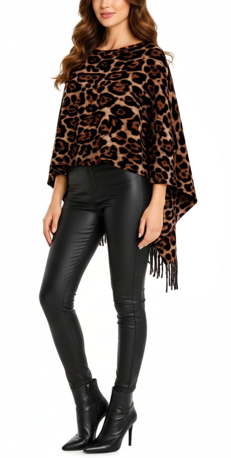 dy_mode Strickponcho Damen Feinstrick Poncho mit Fransen im Leo-Print Cape/Überwurf mit Fransen, im Leo-Print