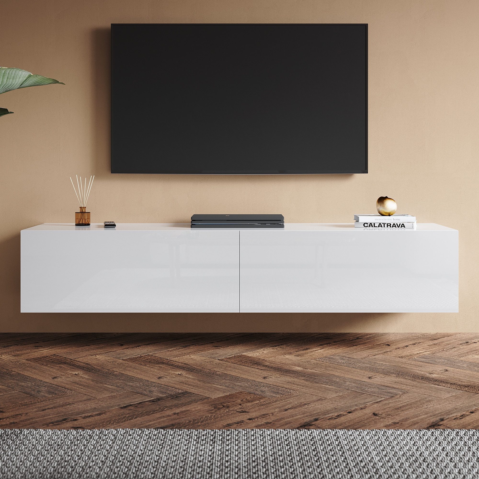 SONNI TV-Schrank TV Lowboard TV Schrank Weiß Hochglanz mit Klapptür