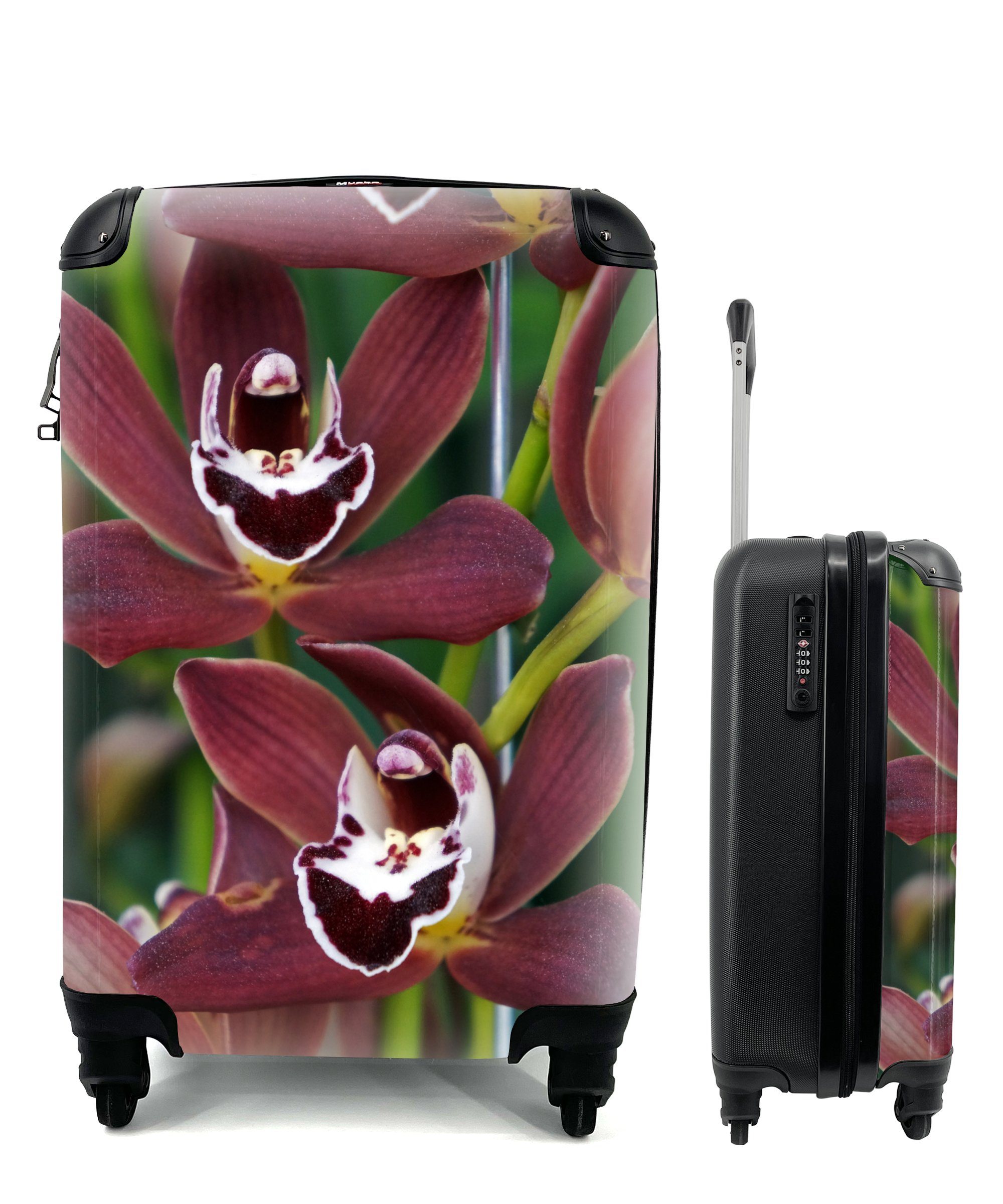 MuchoWow Handgepäckkoffer Rote Orchideen für einen grünen Hintergrund, 4 Rollen, Reisetasche mit rollen, Handgepäck für Ferien, Trolley, Reisekoffer