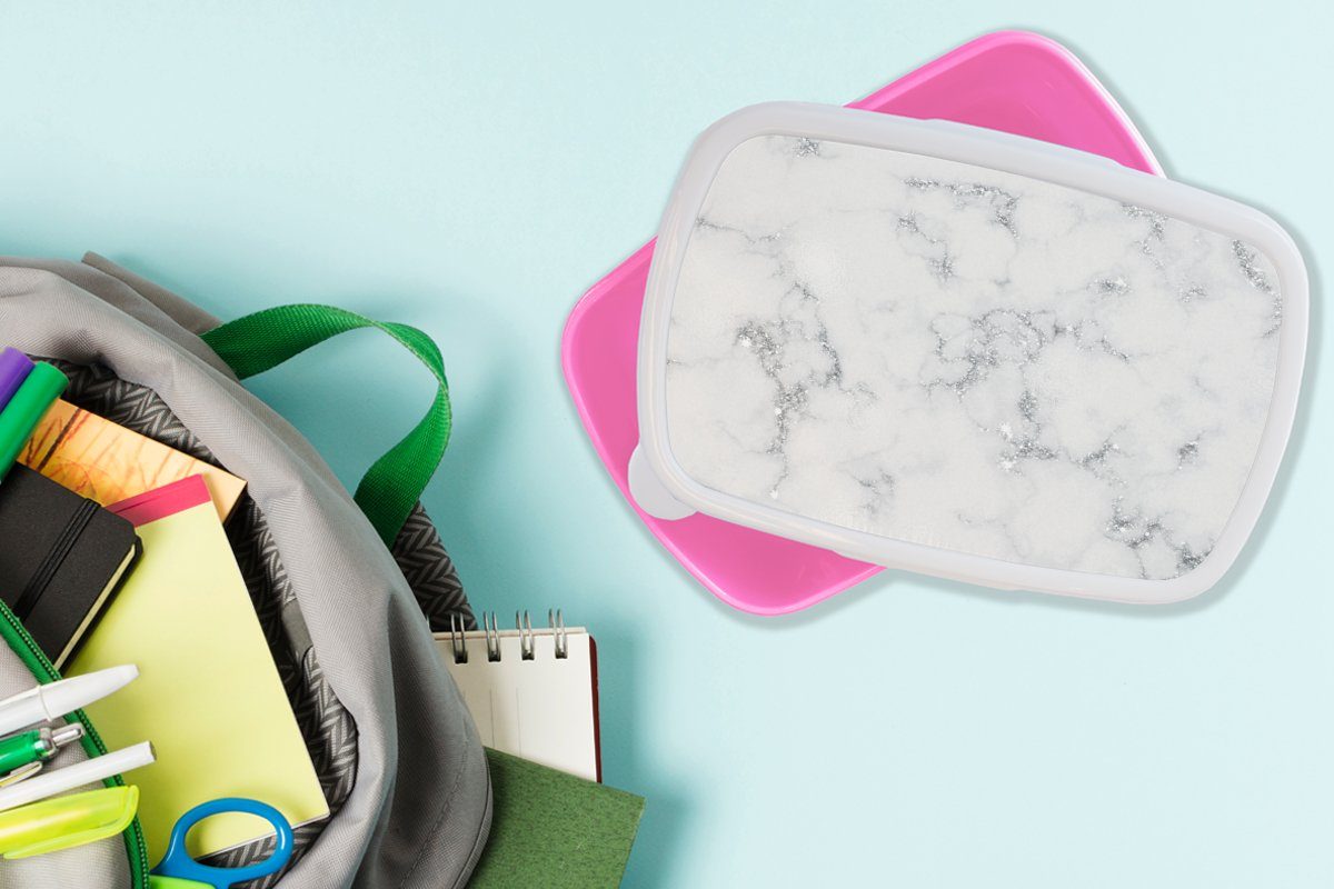 Marmoroptik Lunchbox Grau, Brotbox Kinder, MuchoWow Brotdose Erwachsene, (2-tlg), rosa für Mädchen, Weiß Kunststoff Kunststoff, - Snackbox, -