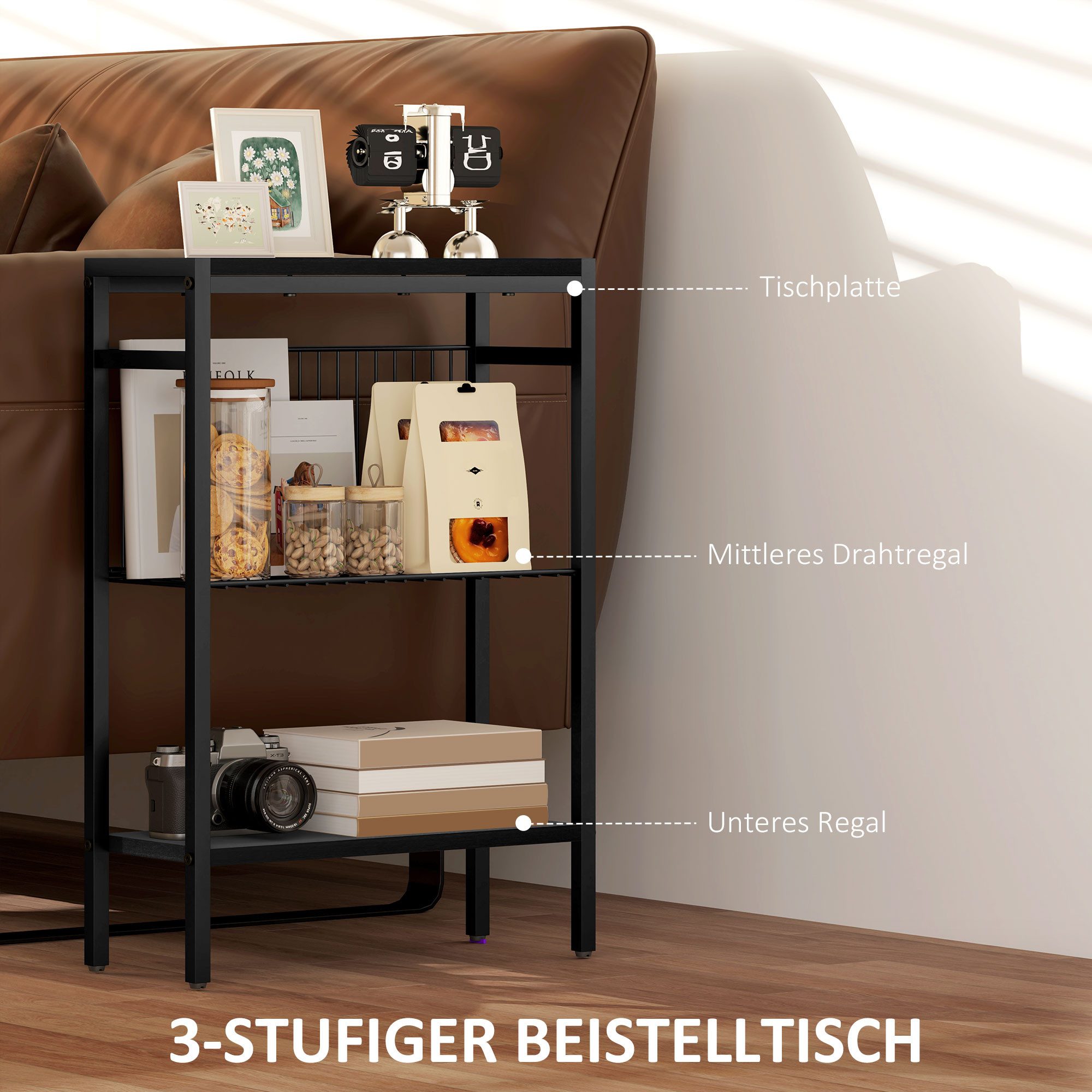 HOMCOM Beistelltisch kleiner Couchtisch mit Ablagen, Sofatisch mit Stahlrahmen (Nachttisch, 1-St., Sofatisch), für Wohnzimmer, Schlafzimmer, Schwarz – Bild 4 von 5